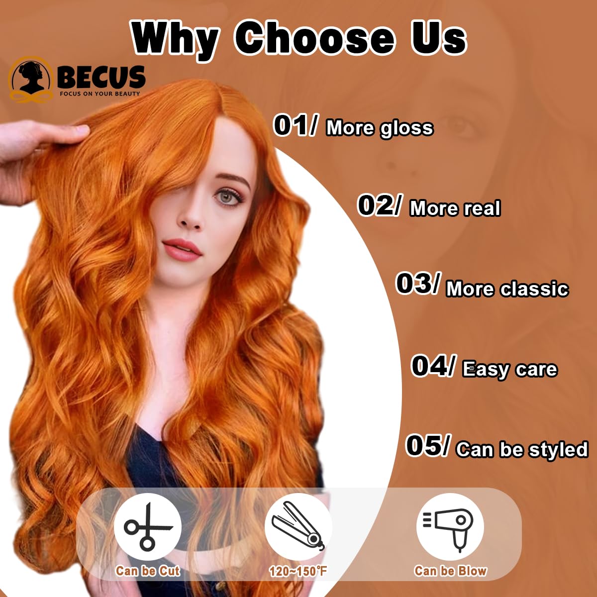 BECUS Ginger Wig for Women Long Orange Wigs Middle Part Natural Body Wavy Synthetic Hair for Daily Wear Halloween Party Cosplay(22"-Ginger) - Image 3