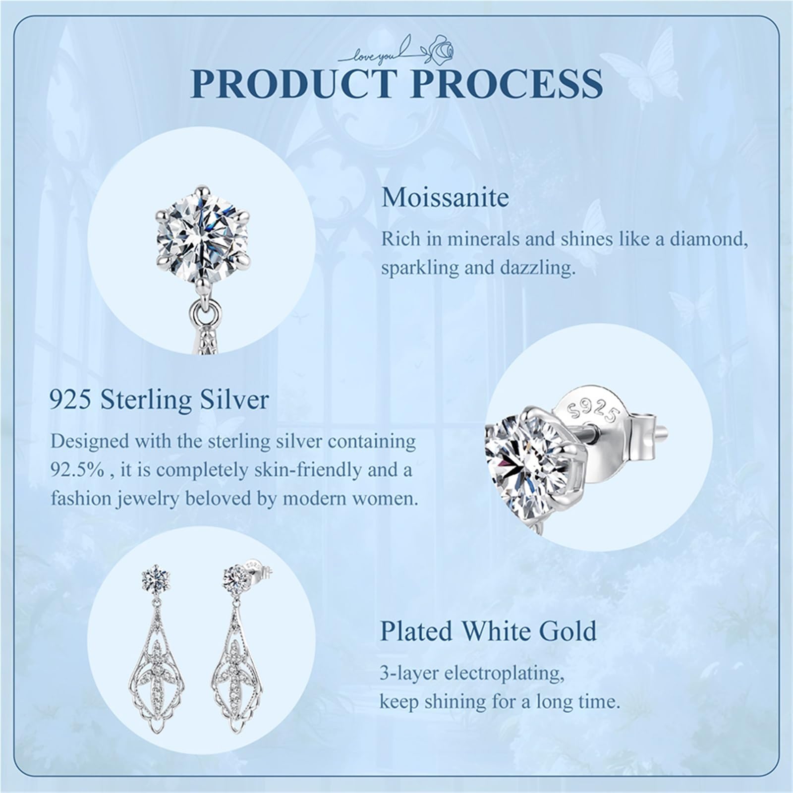 S925 srebro 0,5 ct Moissanite Vintage kwiatowe ślubne kolczyki dla kobiet - francuskie kolczyki w stylu retro dla wrażliwych uszu, codzienne biuro dla nowożeńców