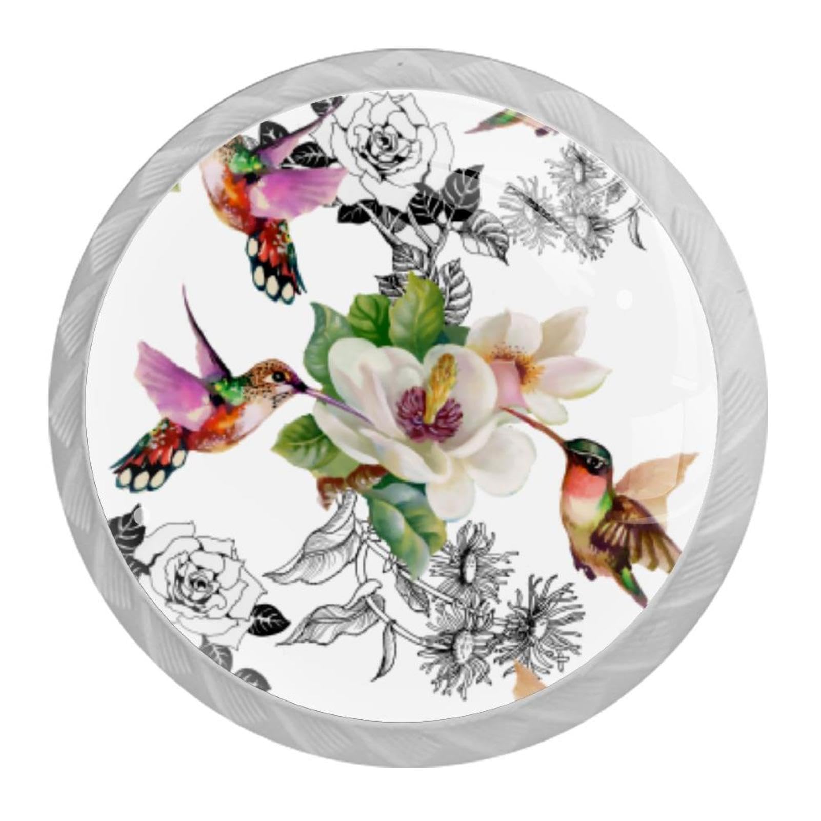 Tqmspg 4 Pieces Drawer Pulls Hummingbirds Floral Flowers Door Knobs Dresser Handles for Kitchen Wardrobe Cupboard Hardware Furniture