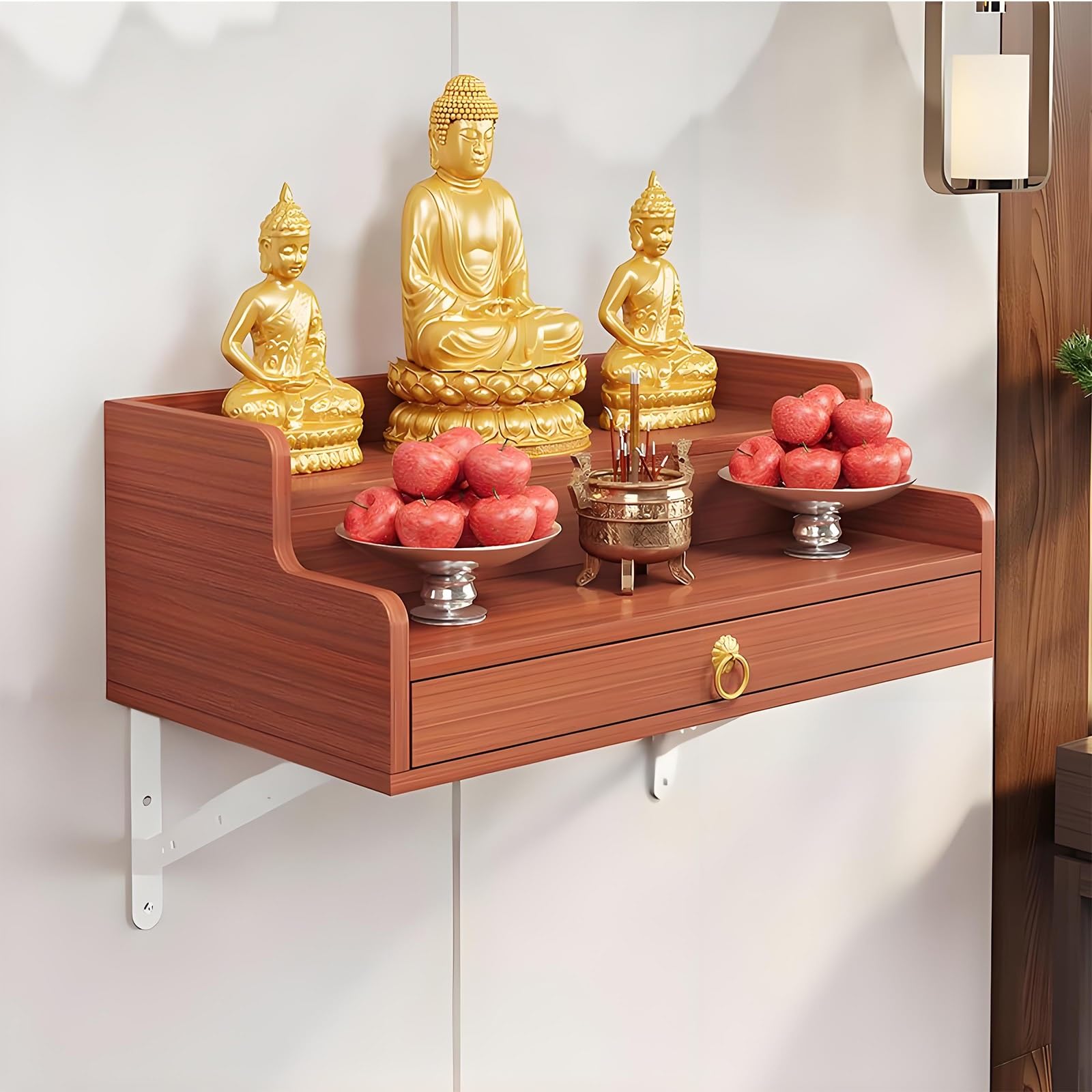 Cabinet de Bouddha en bois massif avec niche d'autel aux finitions sculptées