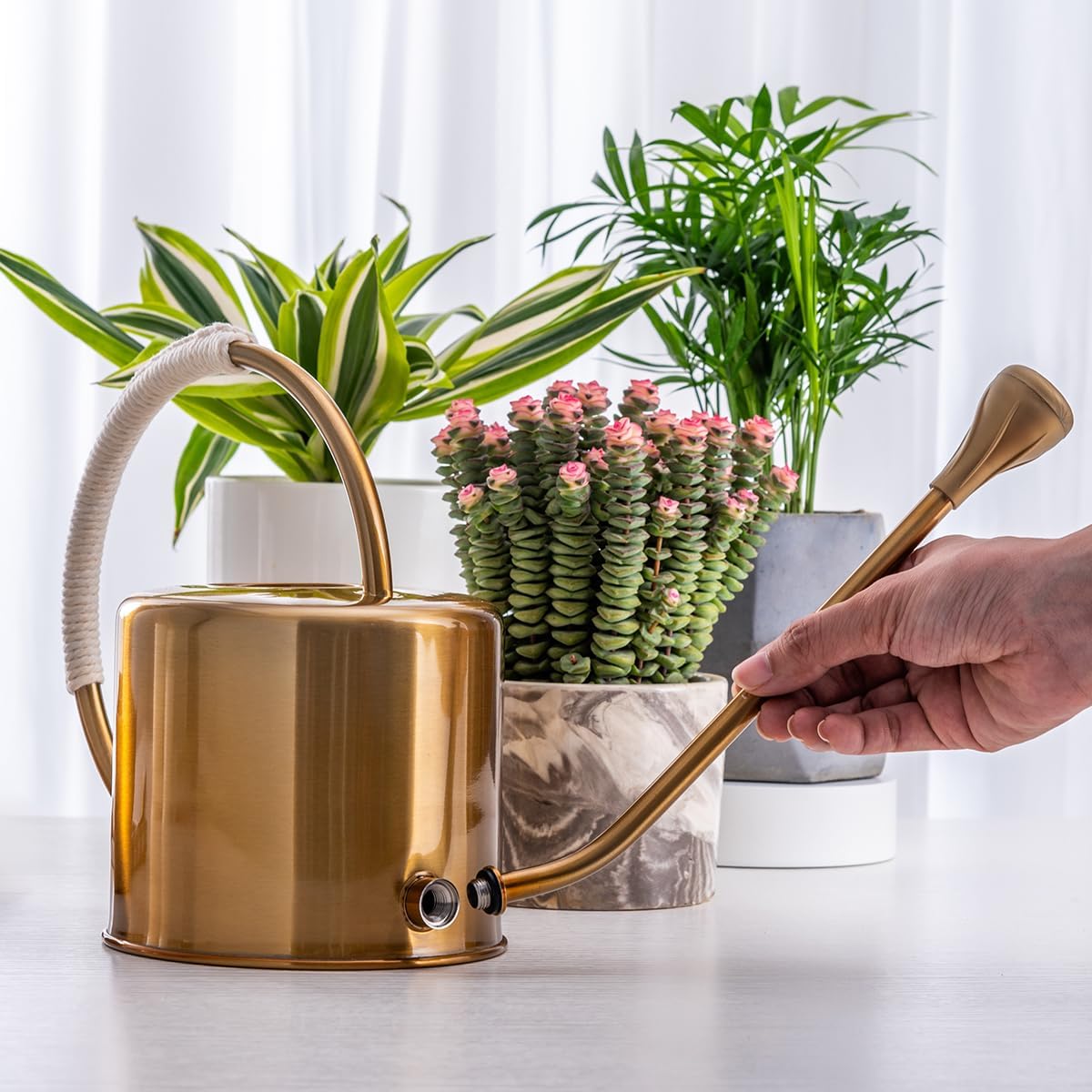 Yowon Stainless Steel Watering Can 40 oz Long Spout Indoor Outdoor Plant Watering Wrap Twine Around The Handle with 2 Removable Spray Spout for Flowers