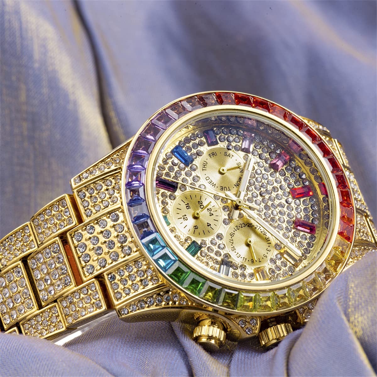 ICEDIAMOND Reloj de Pulsera de Cuarzo con Diamante de Laboratorio cúbico de 3 Ojos con Calendario mensual semanal y visualización de Zona horaria