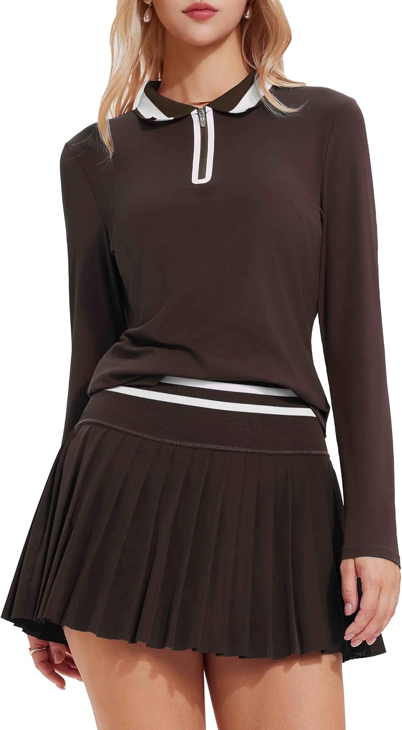 Tennis Skirt Sets for Women Zipper Color Block High Waisted Golf Polo Two Piece Skirt Set Women 2 Piece Outfits