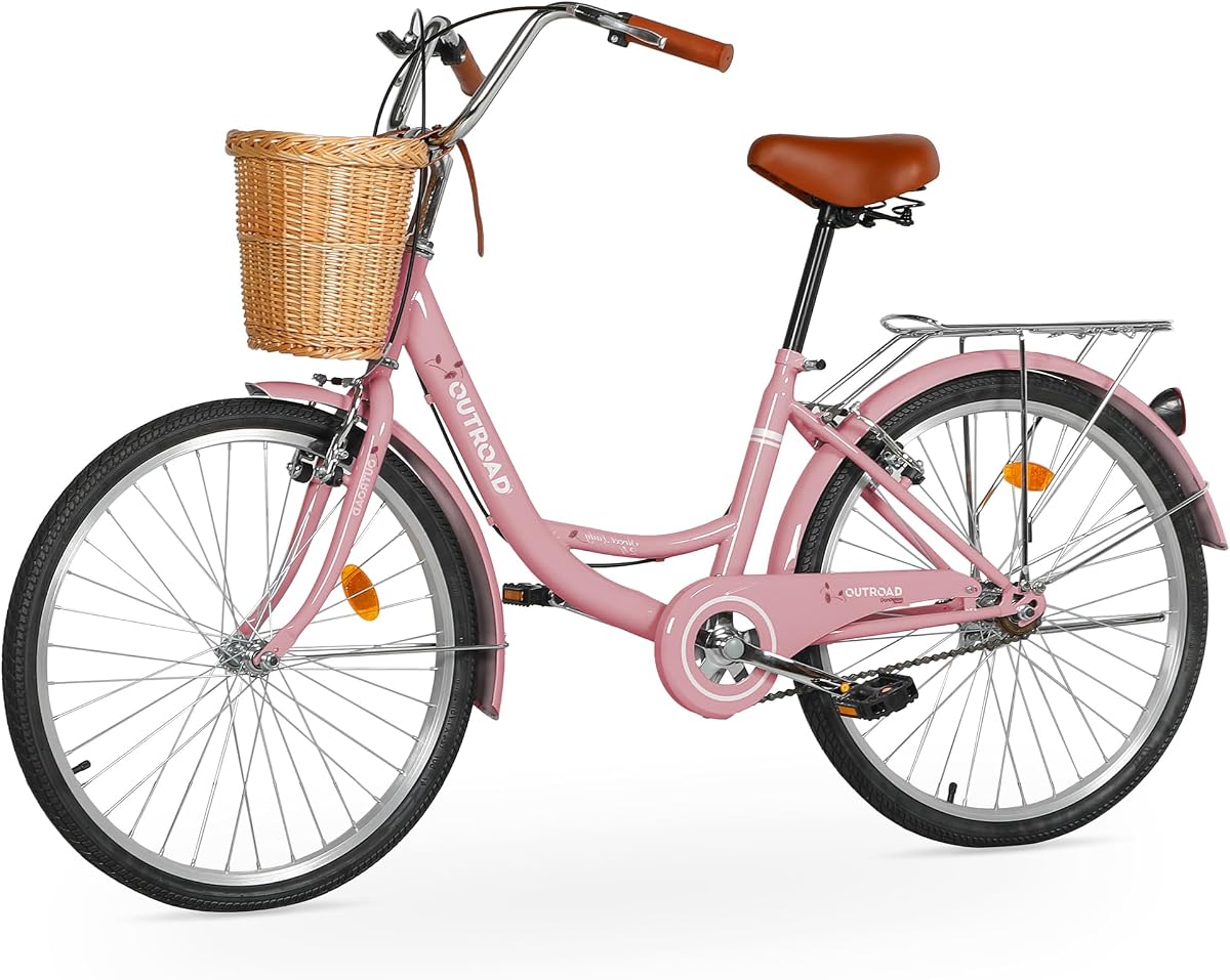 Bicicleta Outroad Beach Cruiser, bicicleta de cercanías de 24/26 pulgadas para adultos y mujeres, bicicletas urbanas cómodas de acero con alto contenido de carbono con soporte trasero y cesta, (negro/rosa/blanco/verde/morado)