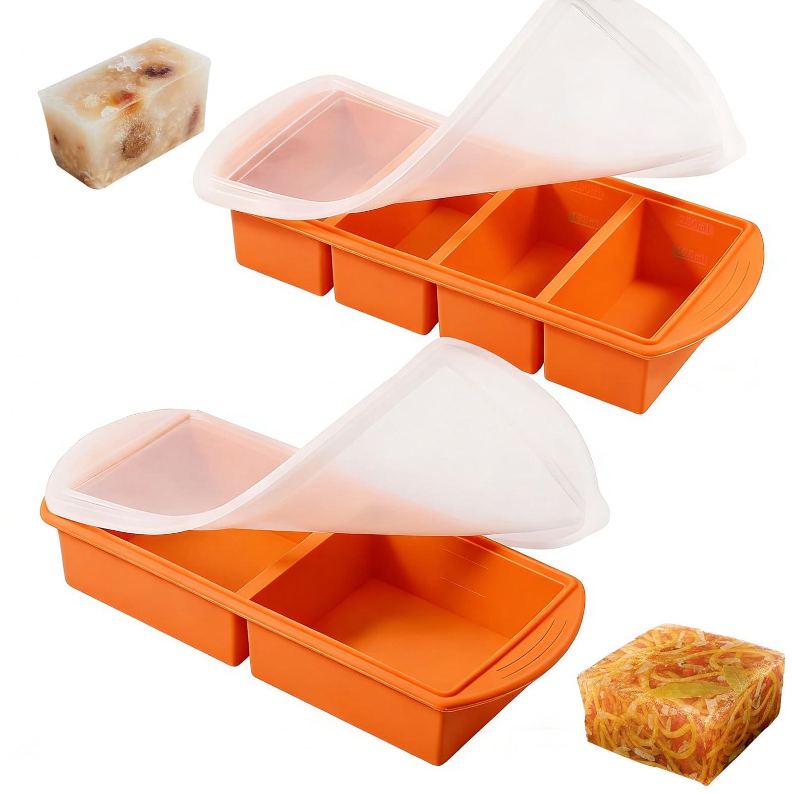 LZEXIN 2 Pack Soup Cube Silicone Freezer Tray, 2*1000ML Food Freezer Container with Lid, Make 4*1cup & 2*2cup for Portions Cubes Freezer Trays Stackable Reusable for Meal Prep, Soup, Sauce(Orange)