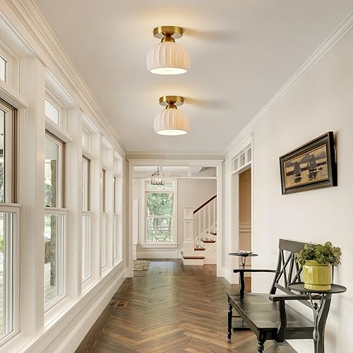 Miniatura 3 de Lámpara de techo semiempotrada de cerámica vintage, paquete de 2, lámparas de pasillo doradas, luces de techo de globo blanco, lámpara de araña