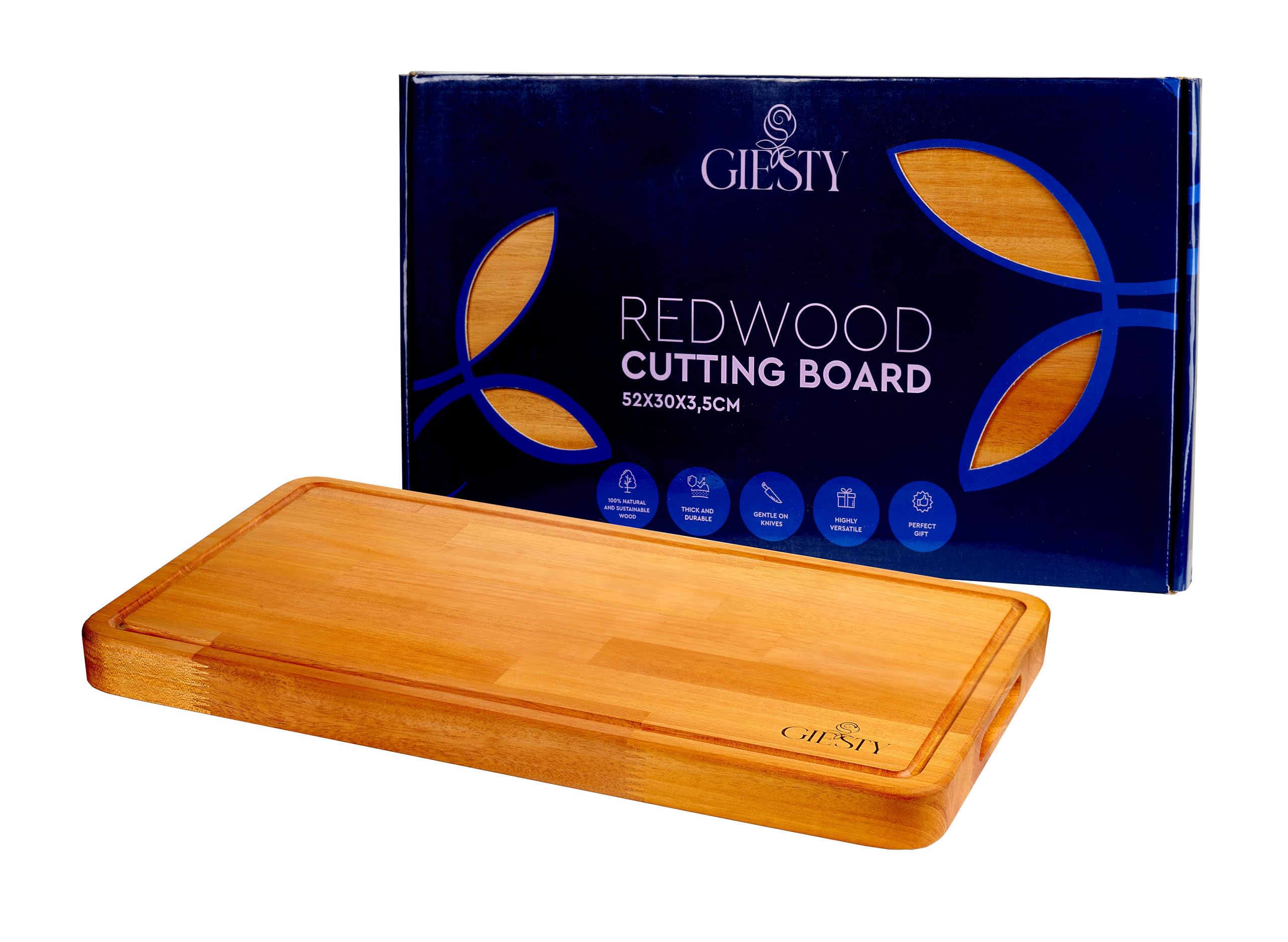 Schneidebrett für die Küche, reversibles Holz-Hackbrett chopping board mit Saftrillen und Griffen, Acacia oder RedWood, Holz-Hackblock (Redwood, 52x30x3,5cm)