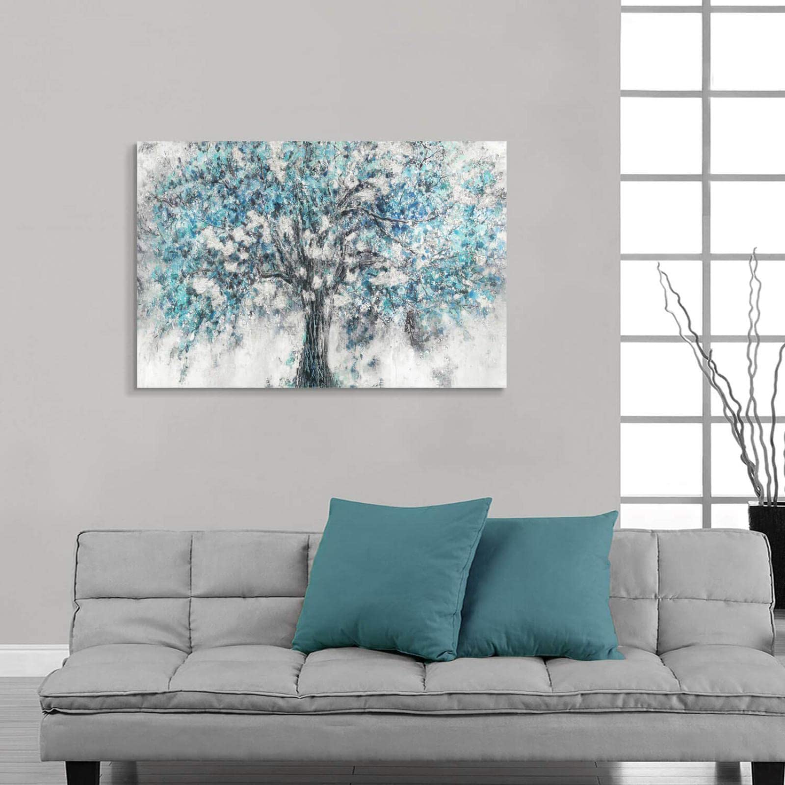 Abstrakter Baum Leinwandbild, 3-teilig, In Blau & Silber – Handbemalt, Strukturiert – Für Wohnzimmer, Schlafzimmer & Büro