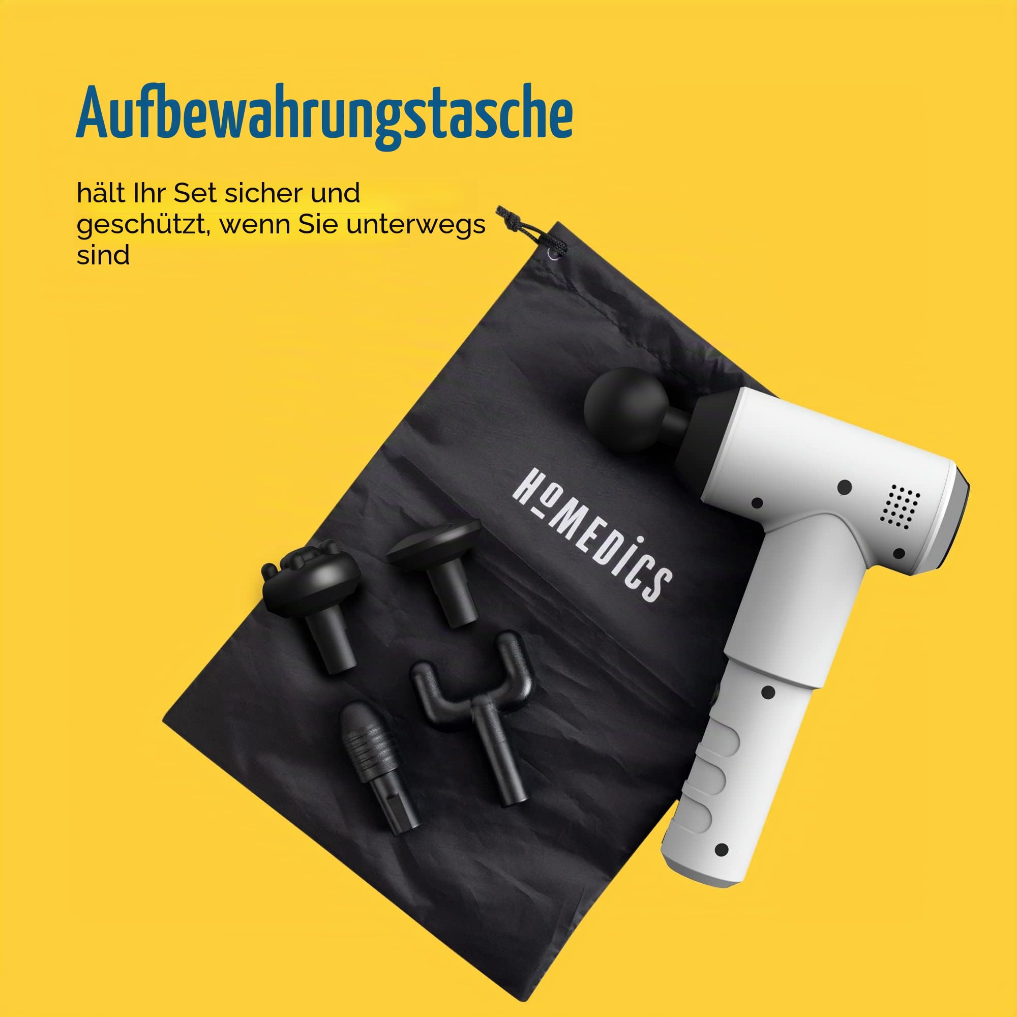 HoMedics Mini Massage Gun | Massagepistole | Tragbares Physiotherapie-Massagegerät, professionelle Physio-Tiefenmassage, Massager für die Faszien, 5 Massageköpfe, kabellos, wiederaufladbar - Weiß