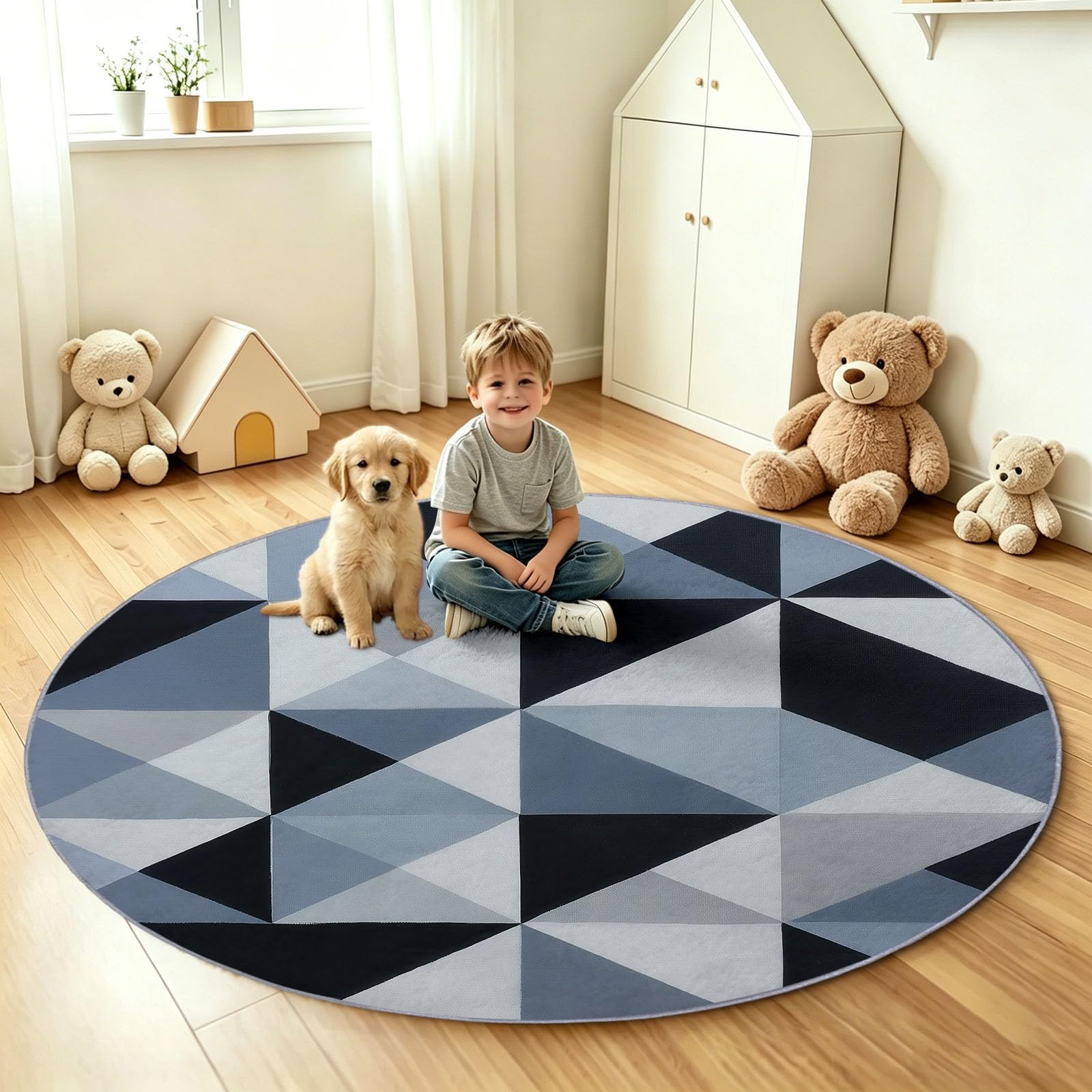 Générique Dywan do pokoju dziecięcego dziewczynki chłopiec okrągły Ø 100 cm stylowa geometria mata podłogowa dekoracja antypoślizgowa - miękkie pełzanie do salonu kuchni stolik kawowy, trójkątny