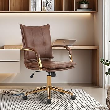 MOJAY Faux Leather Home Office Desk Chair, Mid-Century Inspired Adjustable Swivel Comfy Upholstered Executive Desk Chair with Gold Legs and Armrests Brown, Standard