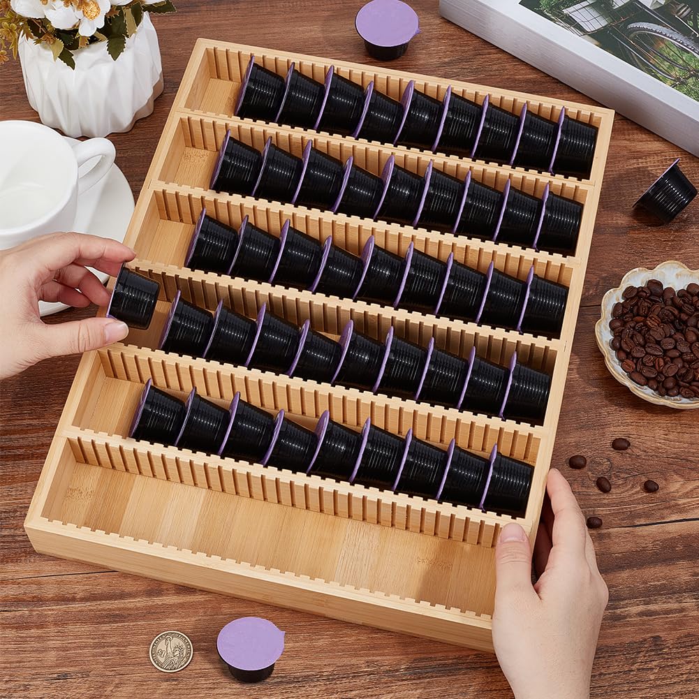 CUTHOLLOW Almacenamiento de cápsulas de café de madera, 40 x 30 x 4 cm, caja de cápsulas de café de bambú, ranura para rueda dentada, compatible con cápsulas Vertuo, dispensador de cápsulas