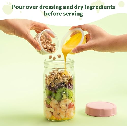 Miniatura 3 de SOLIGT Paquete de 4 tarros de ensalada de vidrio con tapas para preparación de comidas, recipiente a prueba de fugas para el almuerzo, con vasos