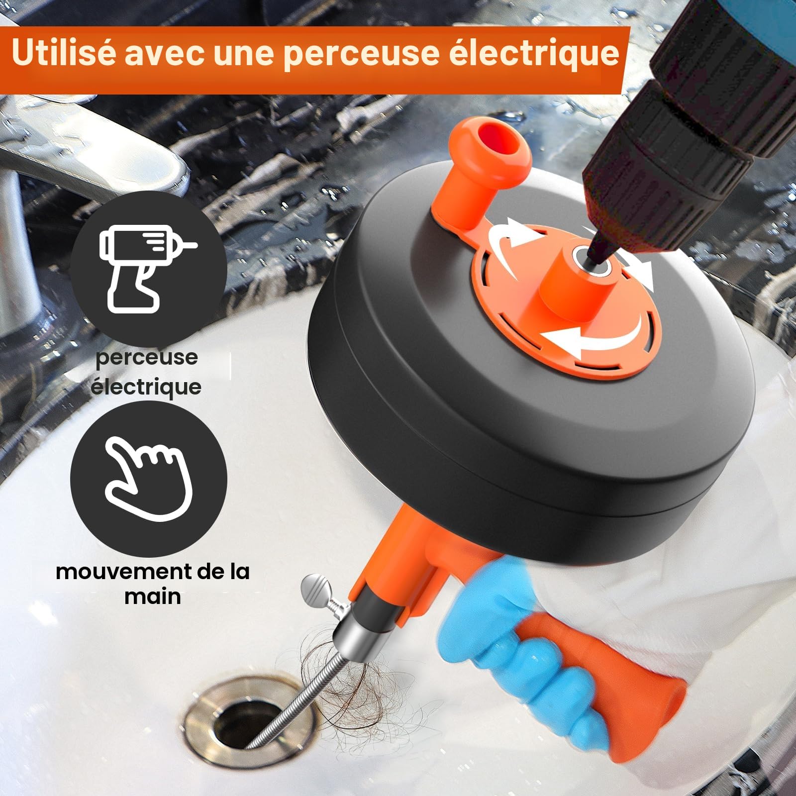 Furet déboucheur Stable - Spirale Nettoyage Tuyau 10 m, Tambour Métal & Embout de Percage