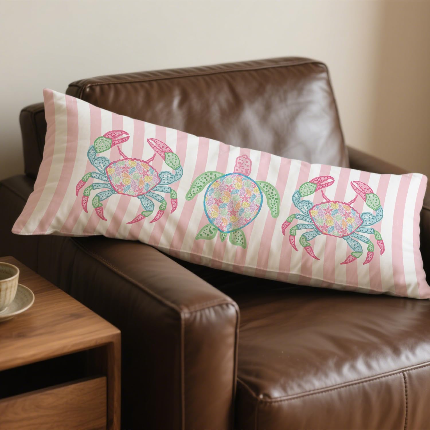 Preppy Beach Sea Turtle Crab 20x54 Pink Striped Body Pillow Cover, Girly Summer Coastal Decorative Long Body Pillow Cases for Girls Room Bedroom Dorm Apartment Bed Couch