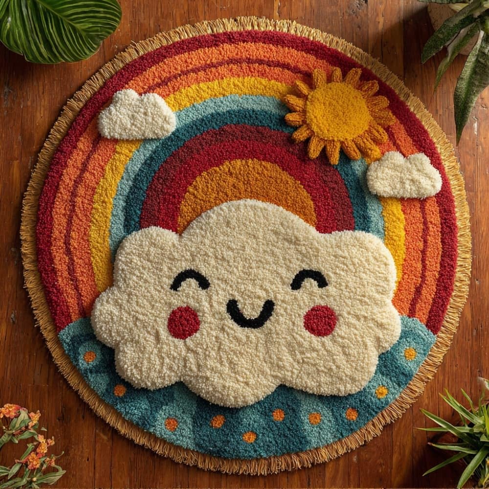 Round Latch Hook Rug Kits Rainbow Cartoon For Adults And Starter 50*50Cm