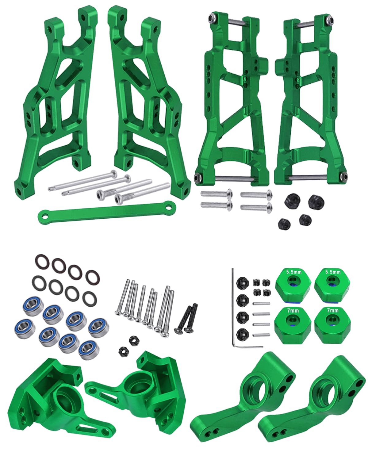 Rcarmumb Upgrades Part for 1/10 Traxxas Rustler VXL 2wd/Stampede VXL 2wd,Alloy Front Rear Suspension A Arms，Alloy Steering Blocks Caster Blocks C-Hubs Stub Axle Carriers Left&Right,Green