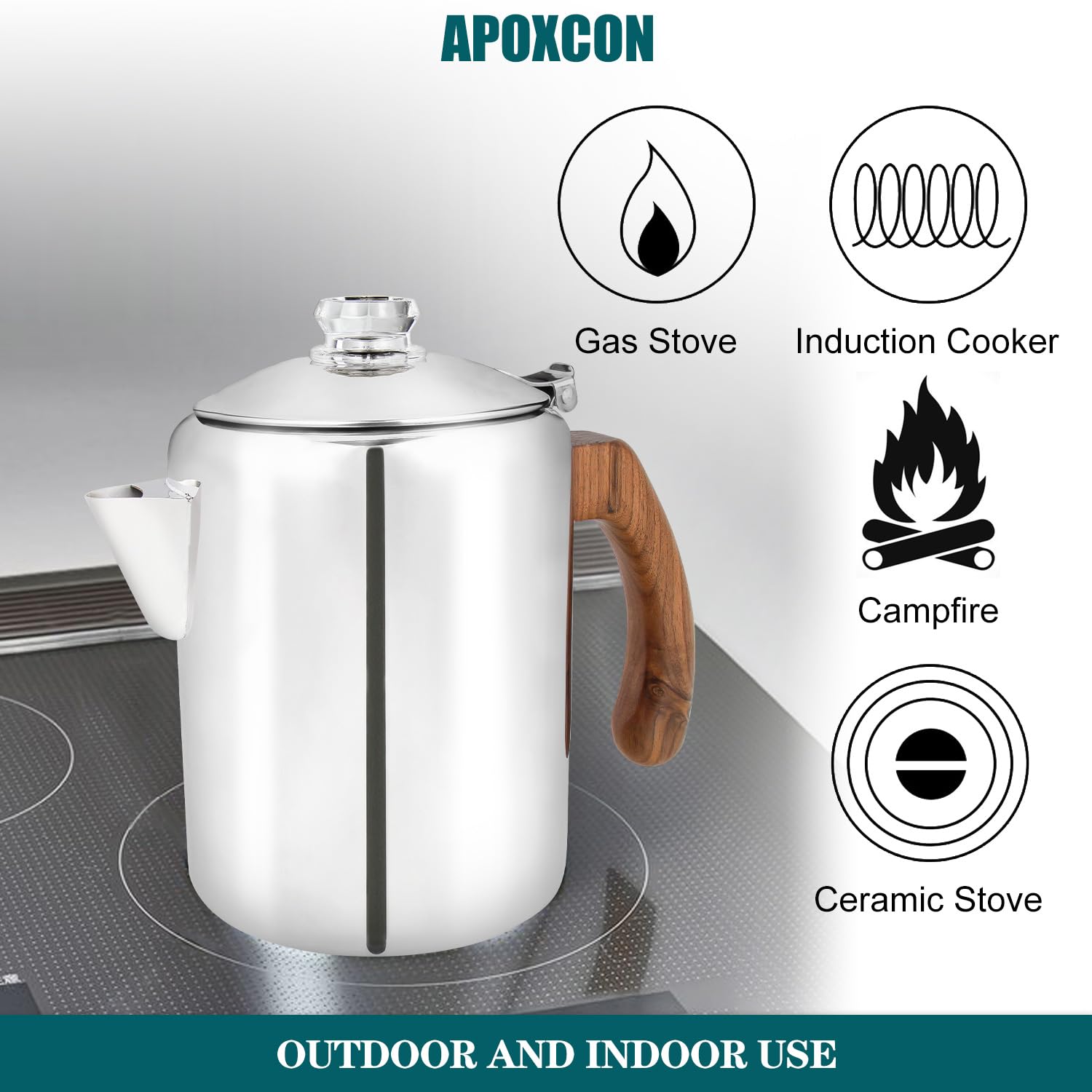 APOXCON Kaffee-Perkolatorkanne aus Edelstahl mit robustem Glasknopf und behandeltem Massivholzgriff und tropffreiem Ausgießer, Camping-Kaffeekanne, Verwendung auf jedem Herd, kein Aluminium