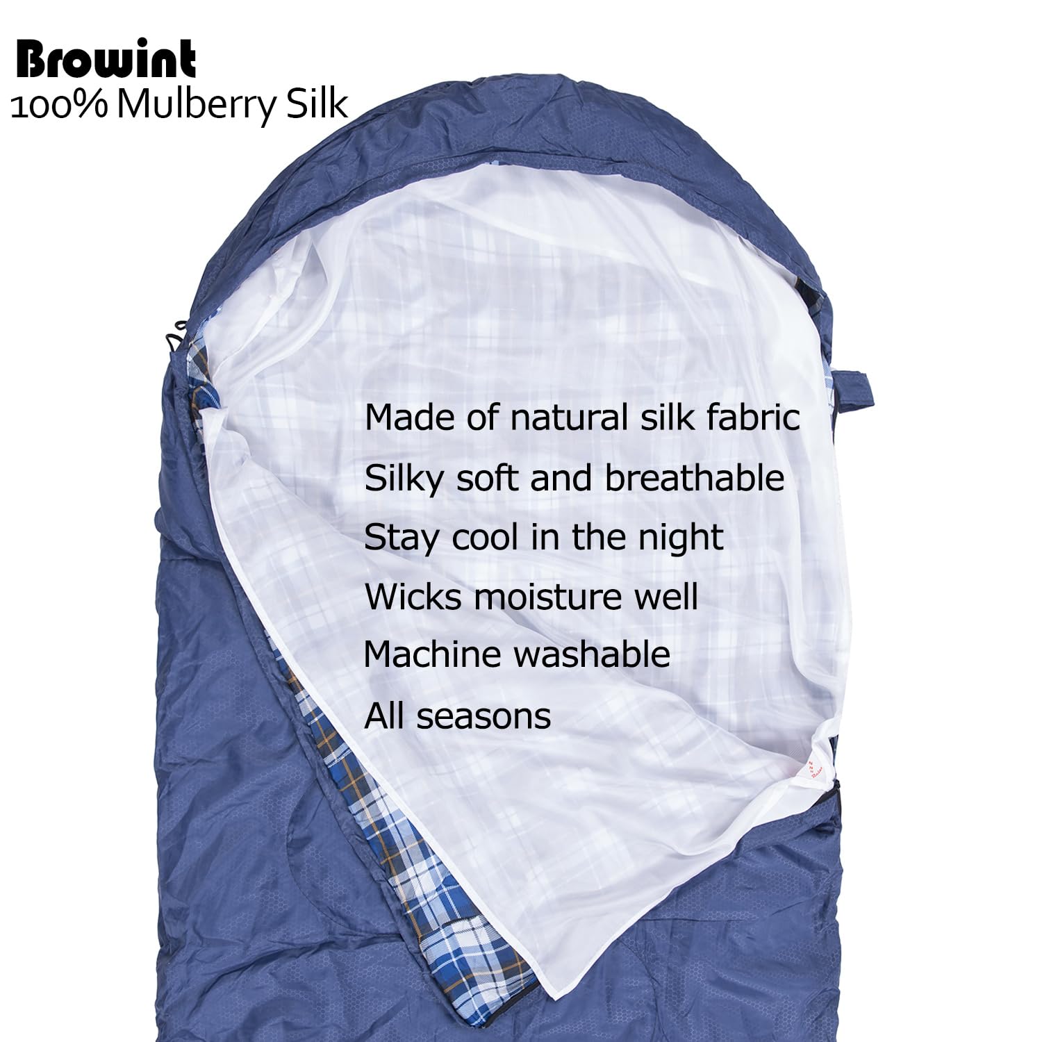Browint Doublure de sac de couchage en soie, drap de couchage en soie, extra large, 221 x 109,2 cm, drap léger pour voyage et camping, pour hôtel, plus de couleurs au choix, soufflets renforcés, poche