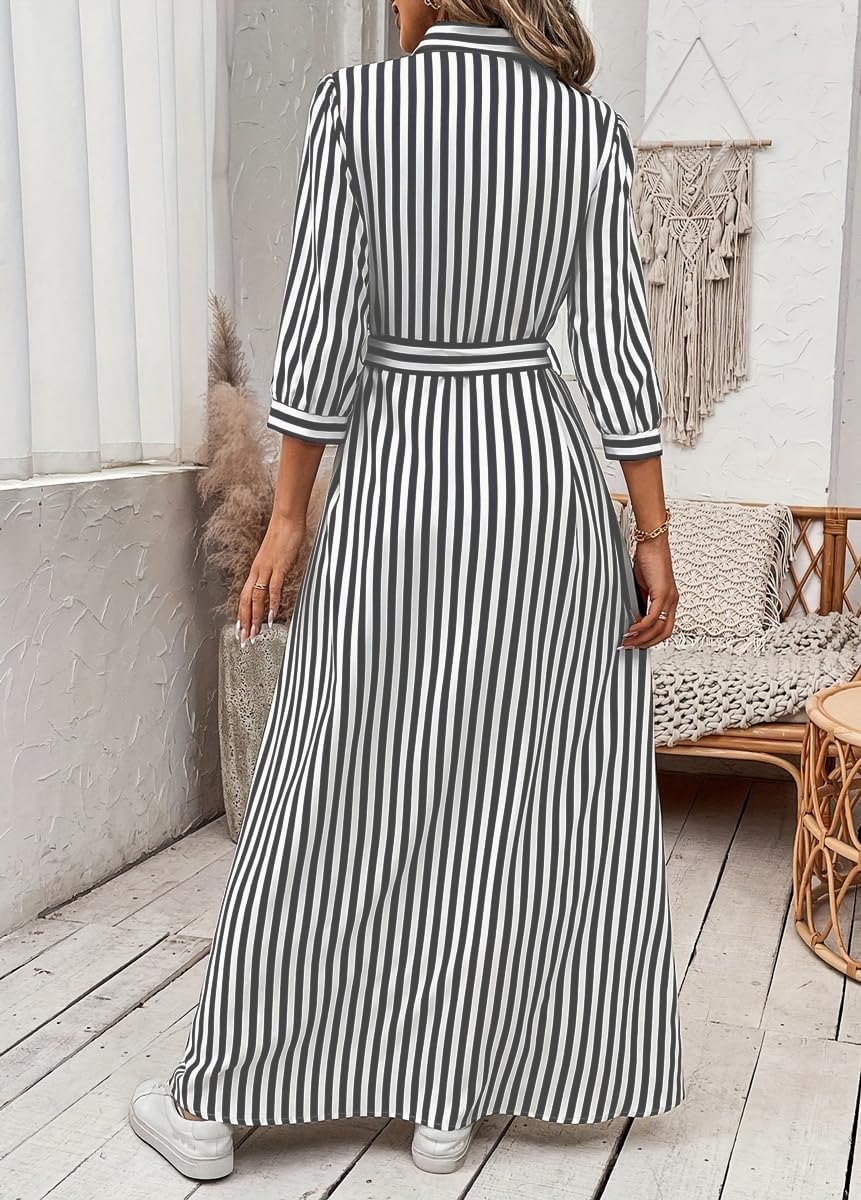 chouyatou Women's Casual 3/4 Sleeve Striped Shirt Dress Button Down Swing Flowy Maxi Beach Dress with Belt - Image 3