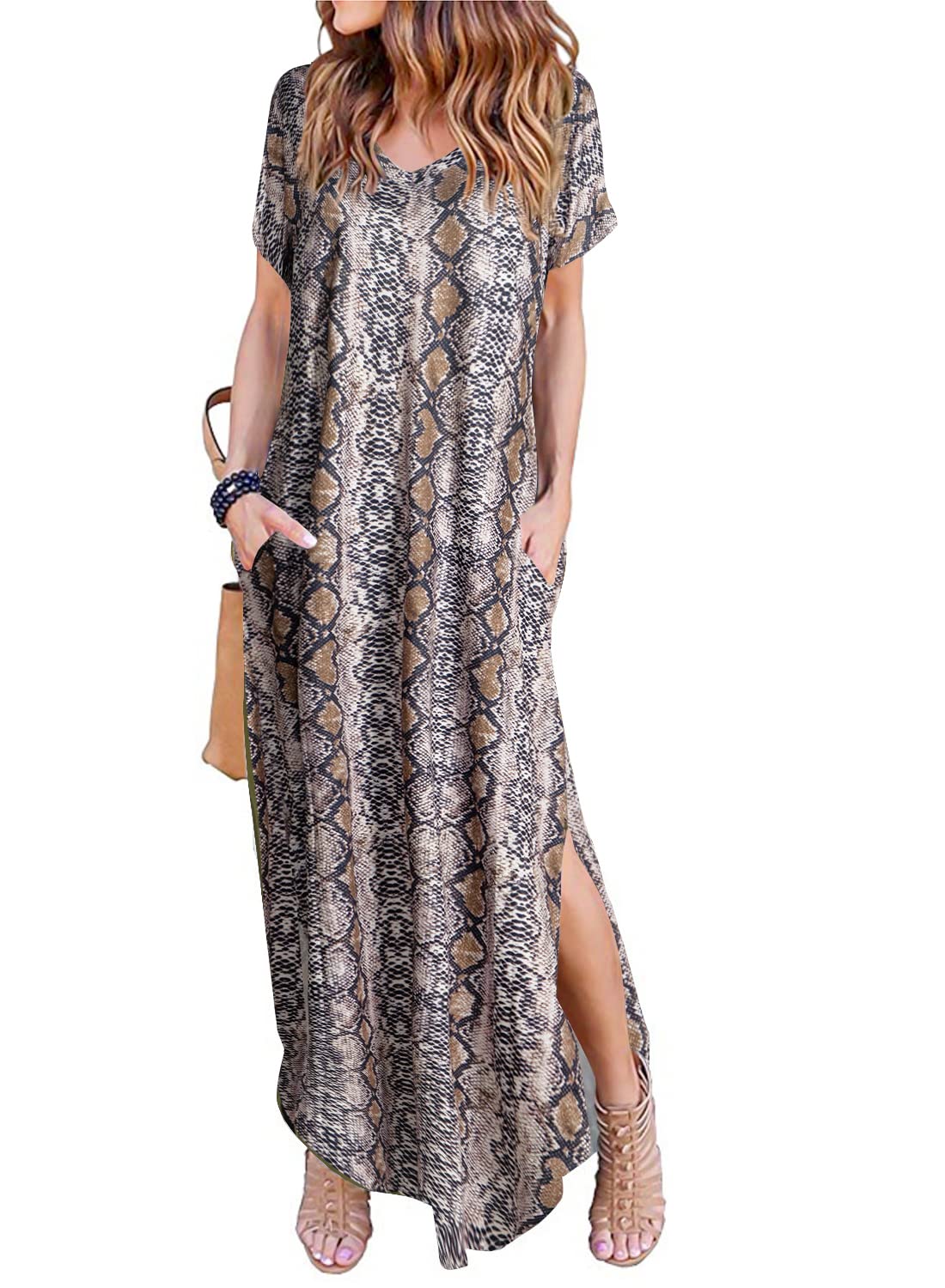 Arolina Women Summer Maxi Dress Short Sleeve V Neck Casual Loose Long Split Dresses Beach Vacation Sundress with Pockets