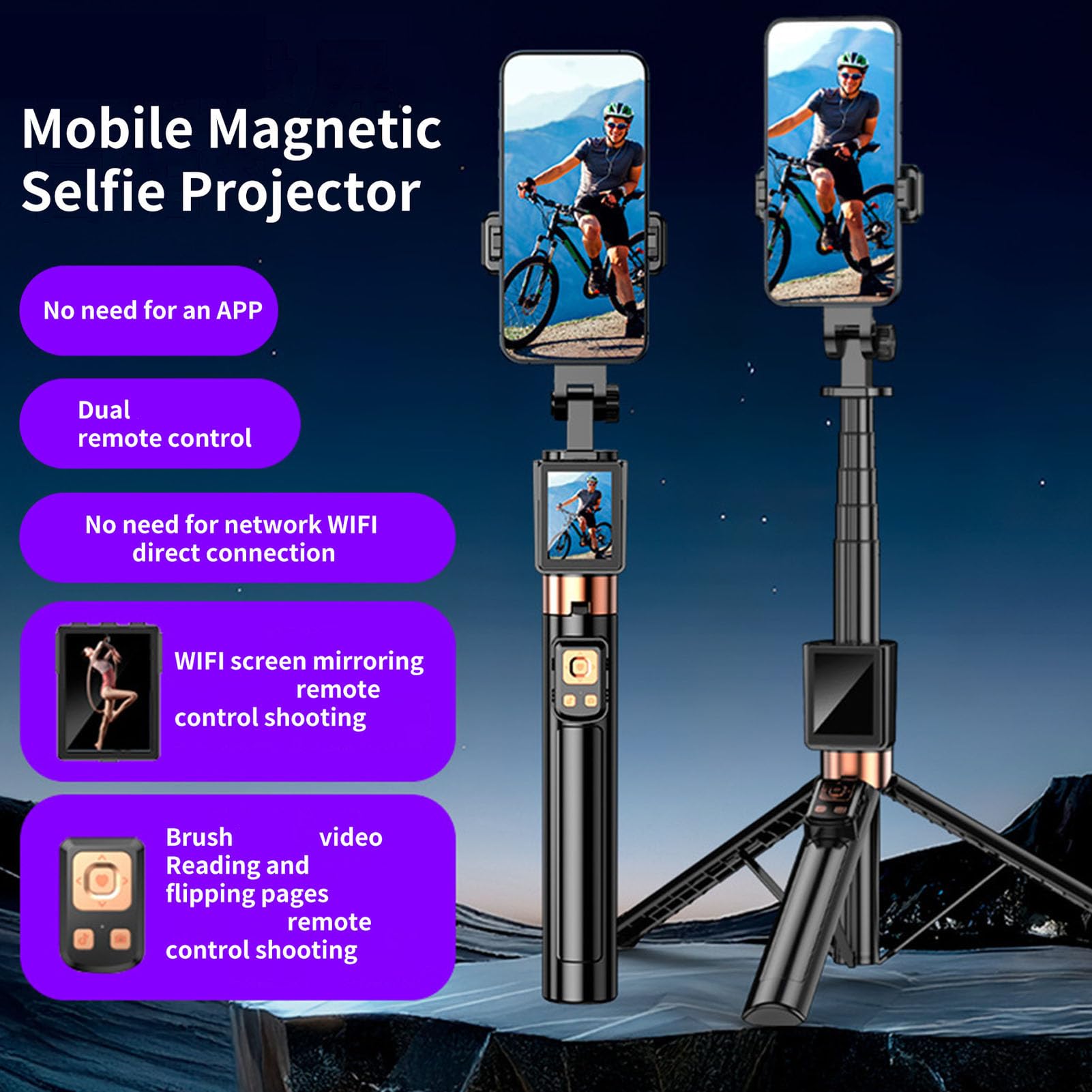 Garsent Palo Selfie Inalámbrico con Espejo de Pantalla, Trípode Extensible de 66,9 Pulgadas con Control Remoto y Cabezal Giratorio de 360 Grados para Grabación de Video y Transmisión en