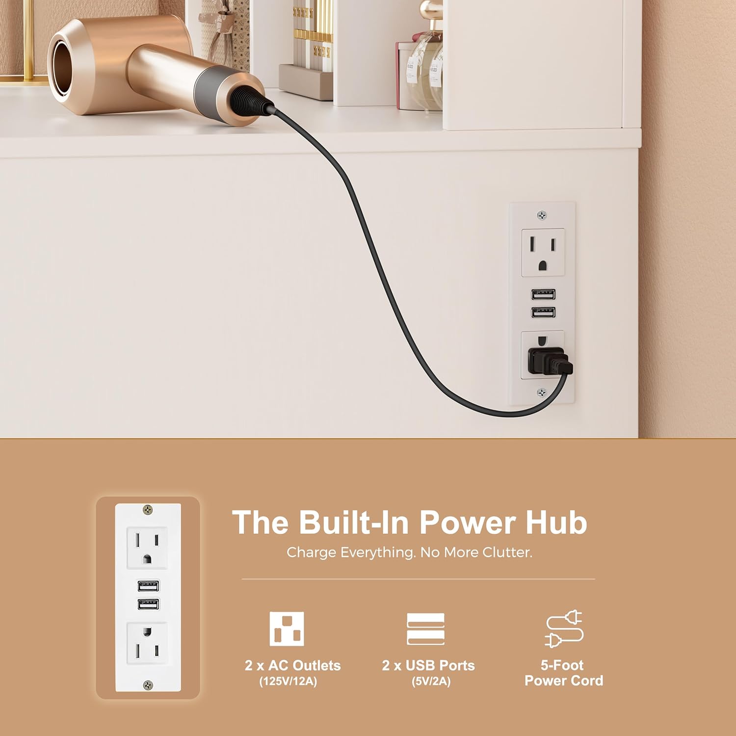 Vanity Desk with Mirror and Lights & Extral Foldable Desk, 31.5"-39.37" Makeup Vanity Table with 4 Drawers and 3 Open Shelves, Dressing Table for Bedroom, Black (White 8)