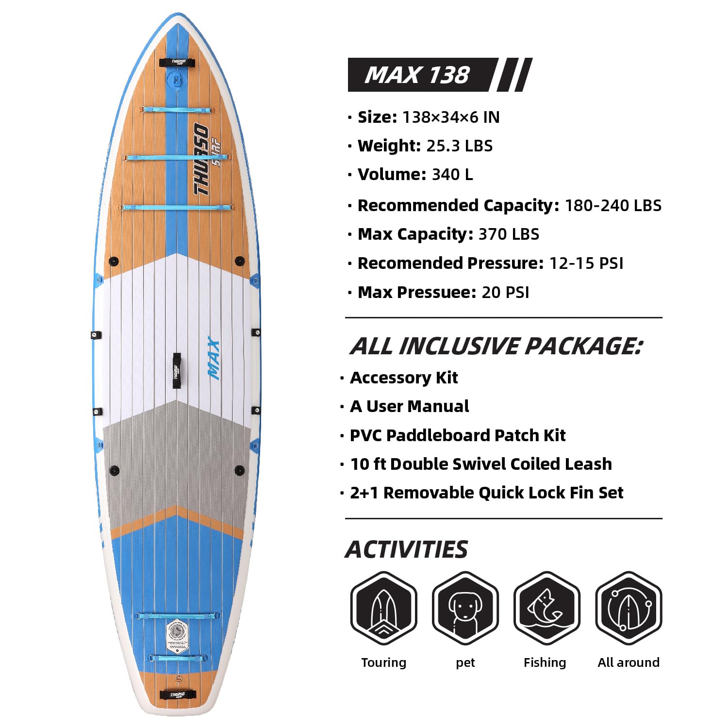 THURSO SURF Max - Tabla de remo inflable multiusos de 11 pies, 6 unidades, para pescar, familia/mascotas, SUP | Costuras tejidas | PVC de fusión | riel soldado | ligera y rígida