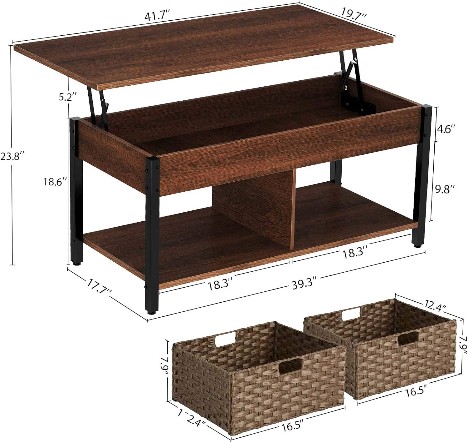 Rolanstar Lift Top Coffee Table with Storage and Rattan Baskets, Rustic Wood Raisable Top Central Table for Living Room, Hidden Compartment Shelf Tabletop and Metal Frame, Espresso: Kitchen & Dining
