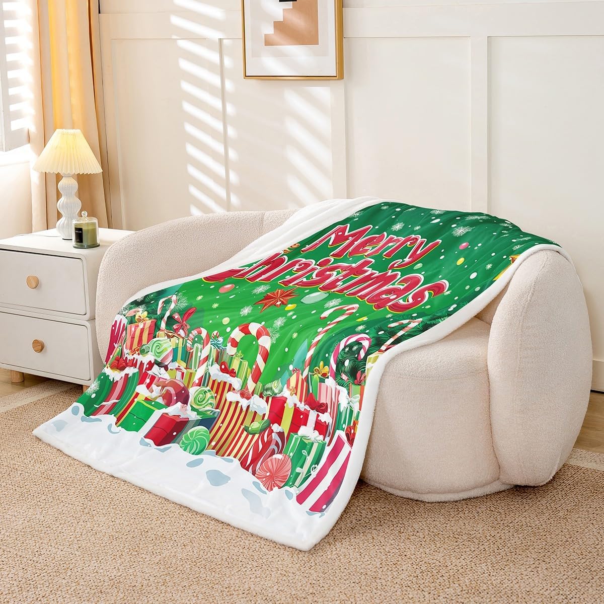 Merry Christmas Flannel Blanket,Xmas Holiday Green Watercolor Print Fuzzy Blanket for Children,Winter Snowflakes Gifts Candy Pattern Polyester Throw Blanket for Couch, Twin Size (60 x 80 Inch)