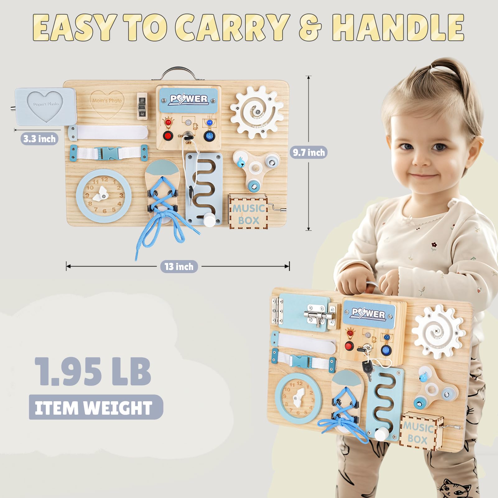 Joyreal Pannello Sensoriale Bambini Montessori - LED Busy Board Giochi Montessori Tavola Sensoriale Legno con Carillon Specchio Neonati Giochi Educativi Regalo