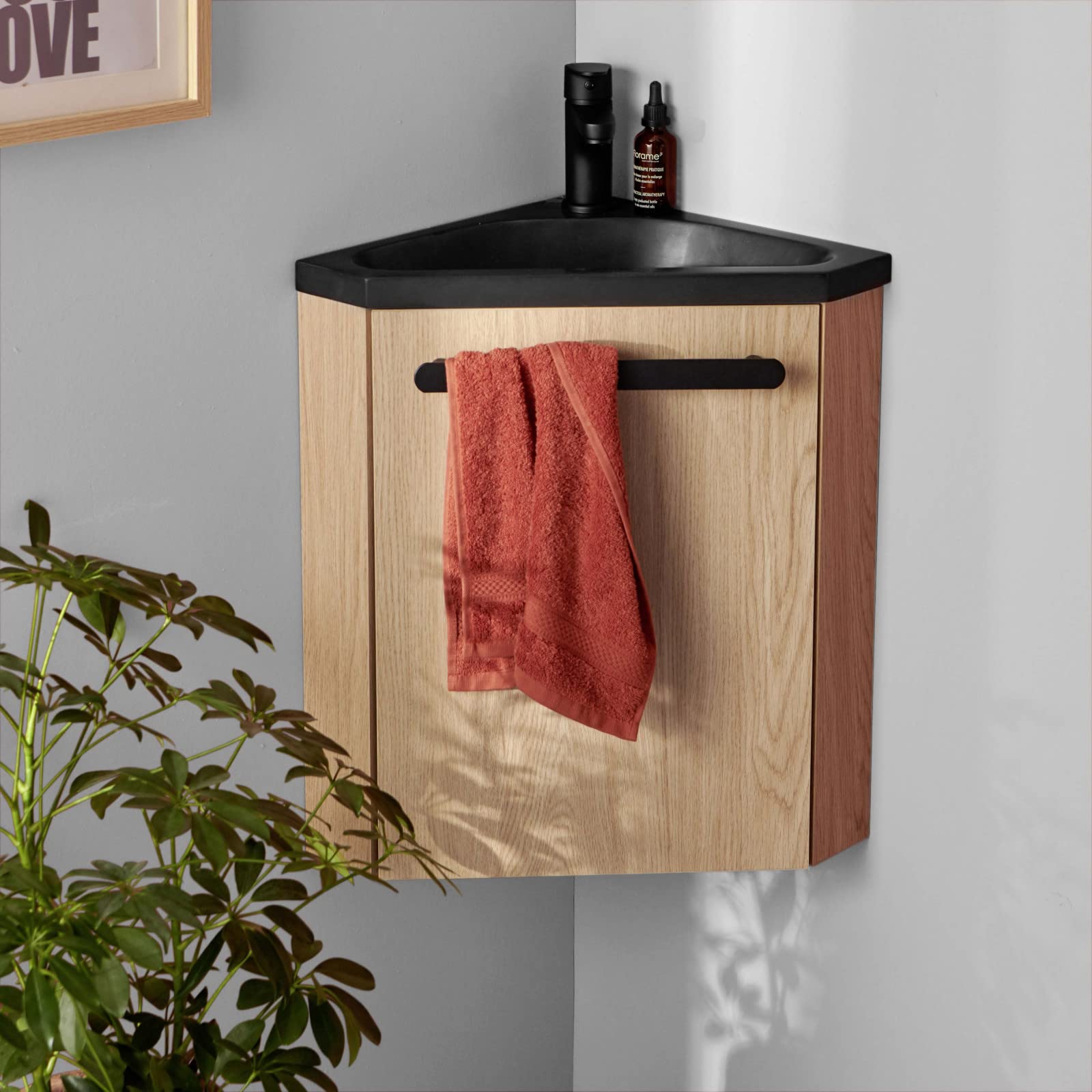 MOB-IN Meuble Lave-Mains SKINO décor chêne avec Vasque Noire + Robinet Noir