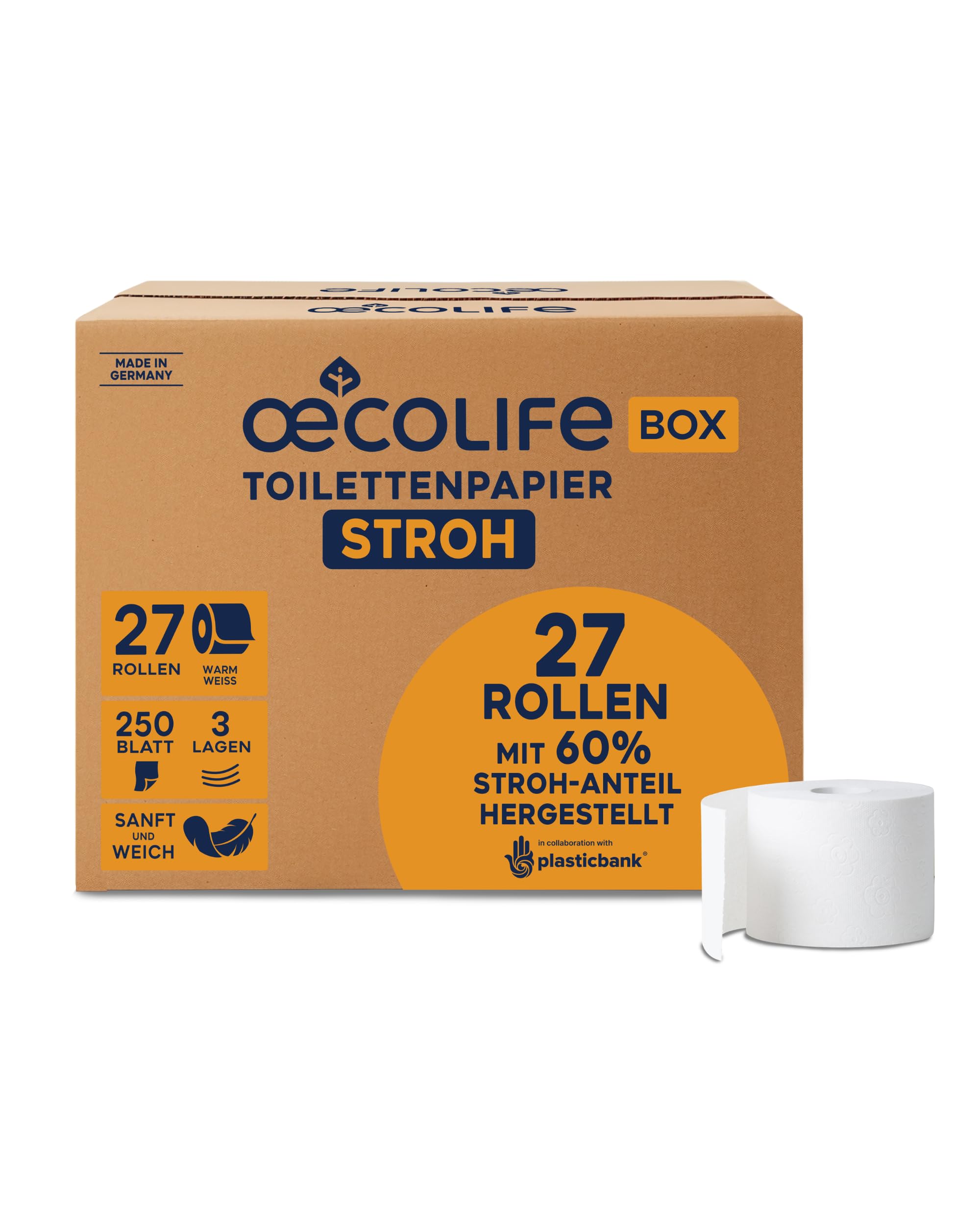 oecolife Toilettenpapier Box STROH, 3-lagig, 27 Rollen á 250 Blatt, Großpackung, superweich, plastikfrei verpackt, vegan, nachhaltiges Klopapier