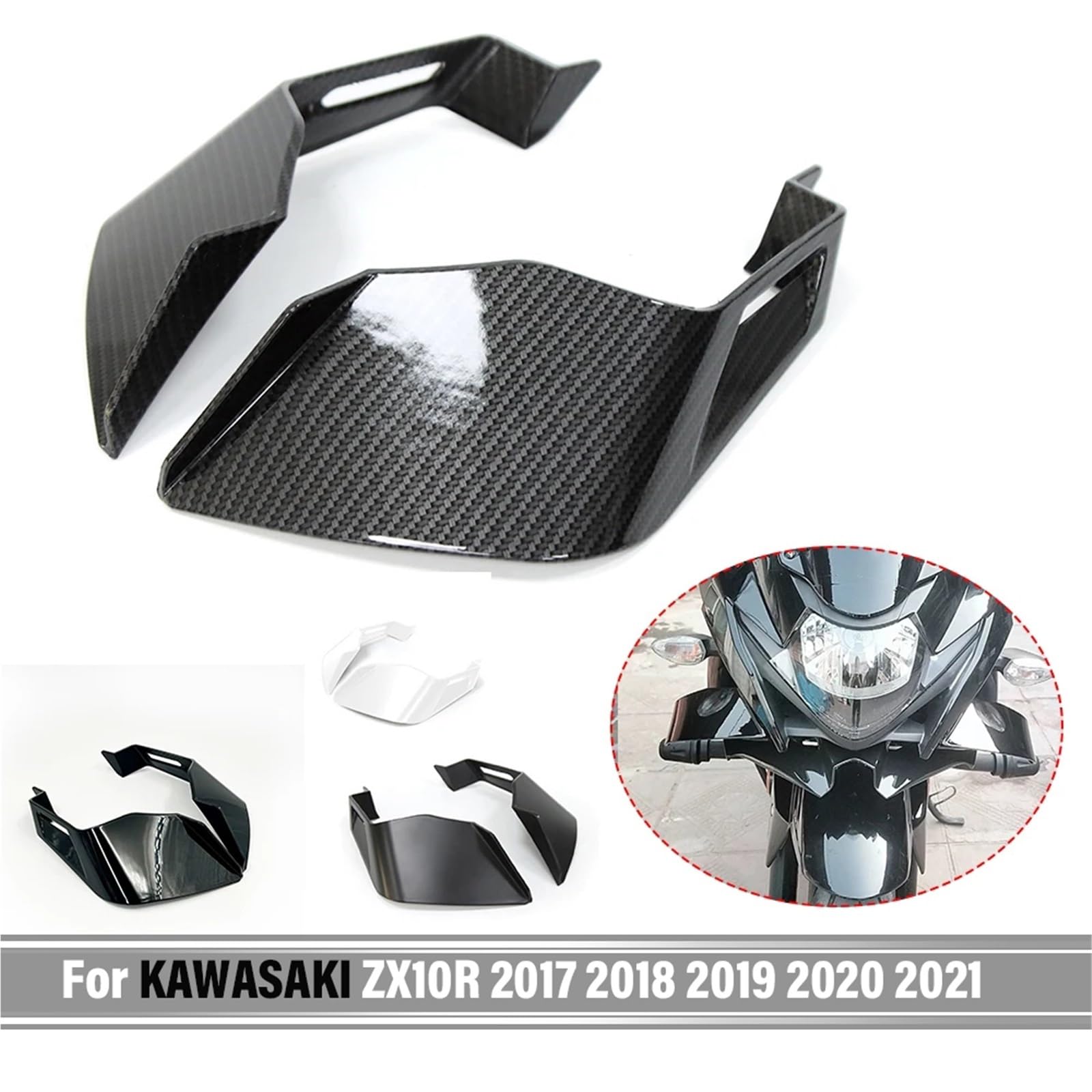 Front Bumper Splitter dachowy Pasuje do KAWASAKI ZX10R ZX-10R 2017 2018 2019 2020 2021 Zestaw części owiewki Stały winglet Aerodynamiczne skrzydła Spoiler