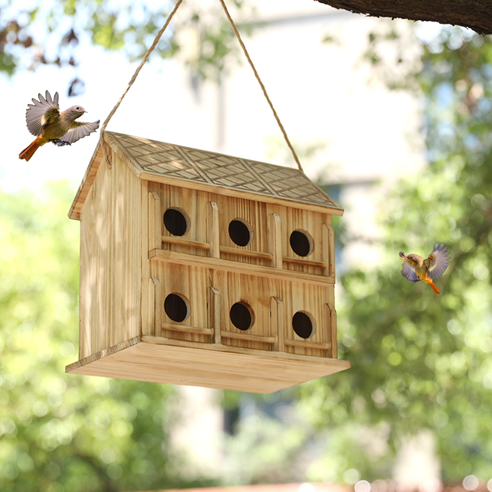 Casas para pájaros para exteriores, 6 agujeros para 6 familias de pájaros, casas de pájaros para exteriores, casa grande de colibríes (madera, juego 1)