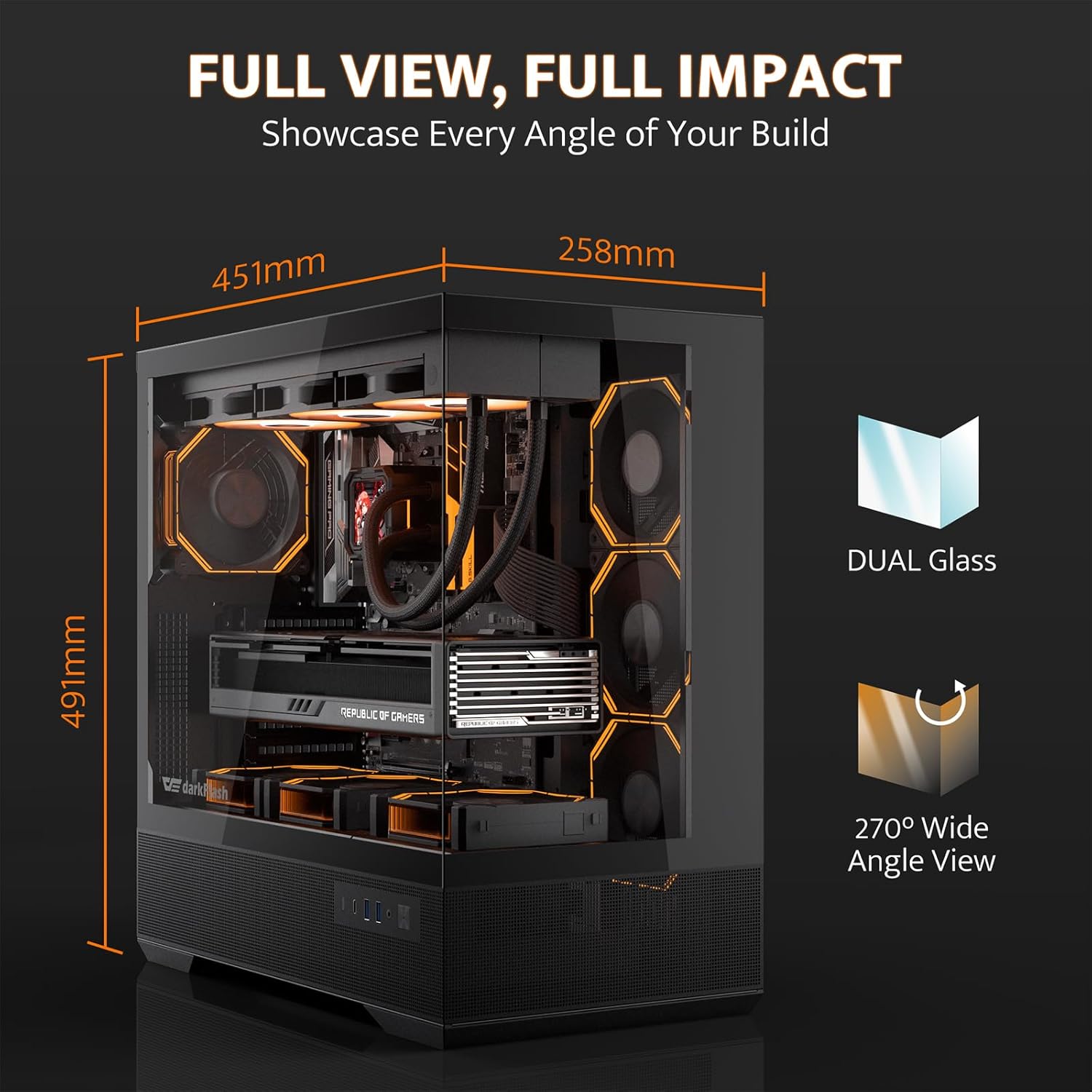 darkFlash LAND451 ATX PC Case, Vertical Graphics Card, Support BTF Motherboard, Full-View Mid Tower Gaming Case, Type-C Port, Up to Dual 360mm AIO, Supports RTX 5090 up to 420mm (Black)