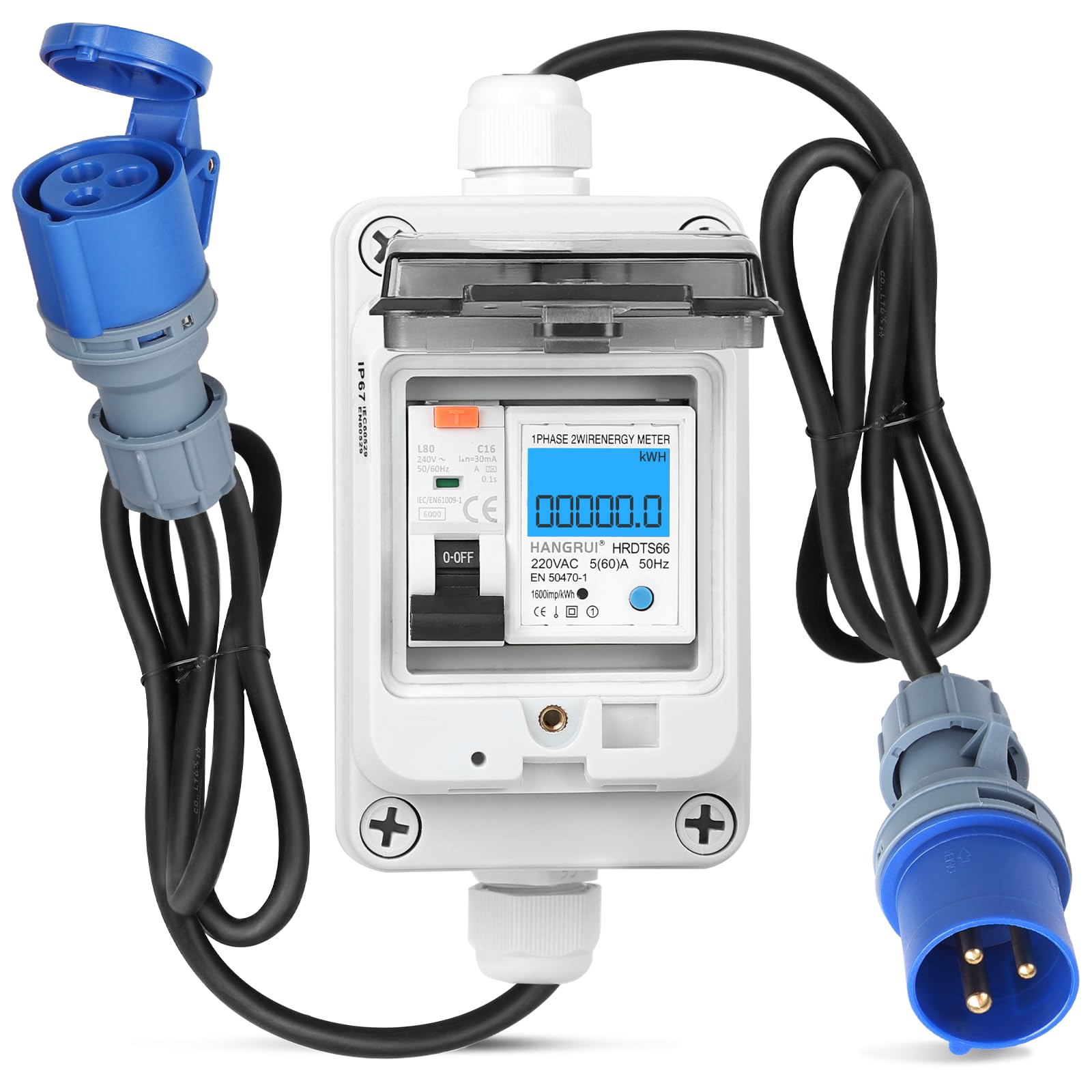 SWAWIS Wattmetre Numérique Mobile 230V 16A - Wattmètre Numérique avec Disjoncteur FI Type A, Prise CEE IP44, Boîtier IP67 Prise Compteur D'énergie pour Camping-cars Véhicules Electriques