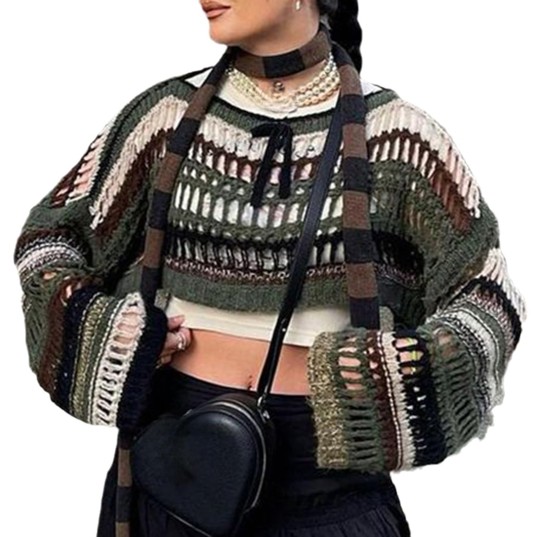 Hollow Out Patchwork Stripe Knit Crop Top Long Sleeve Sheer Pullover Sweater See Through Streetwear Y2K Blouse