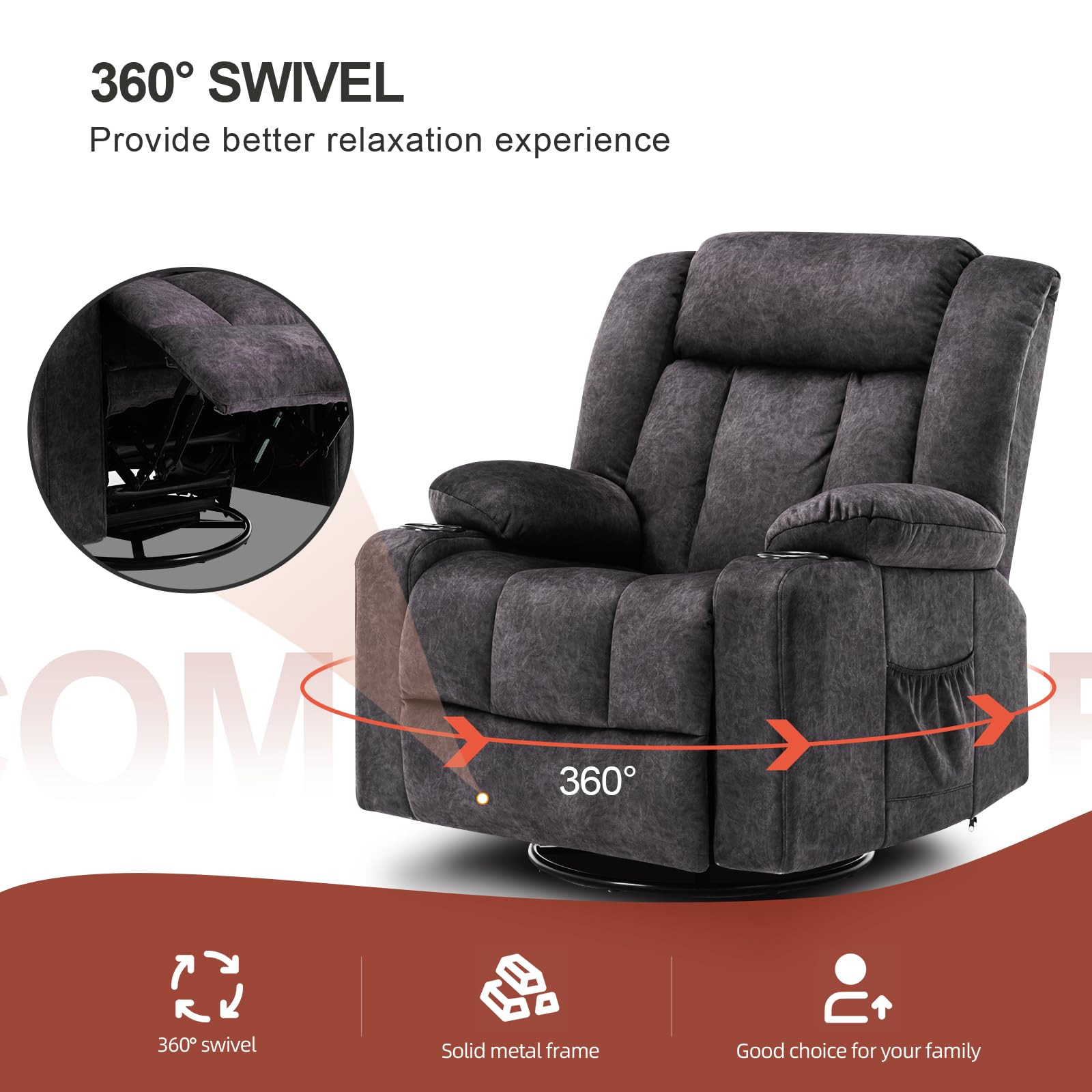 COMHOMA Sillón Reclinable Manual Giratorio para Adultos con Respaldo y Reposapiés Ajustables, Silla de 360° para Salón, Portavasos, Bolsillos Laterales, Tejido Suave, Soporte Ergonómico, Gris