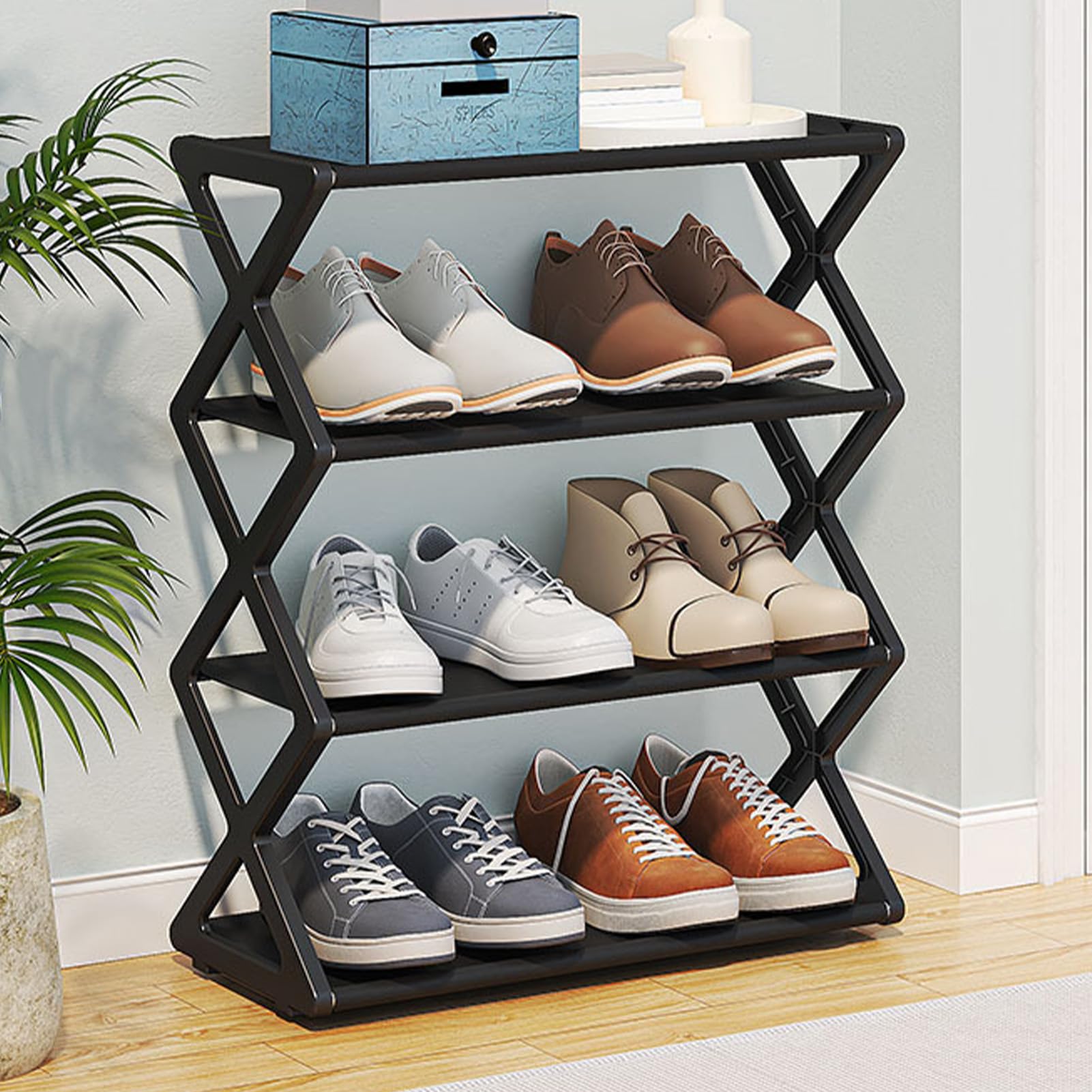Pssopp 4 Tier Foldable Shoe Rack - Thickened Plastic Space Saving Adjustable Collapsible Shoe Storage for Hallway Entry, Closet (Black) - Image 4