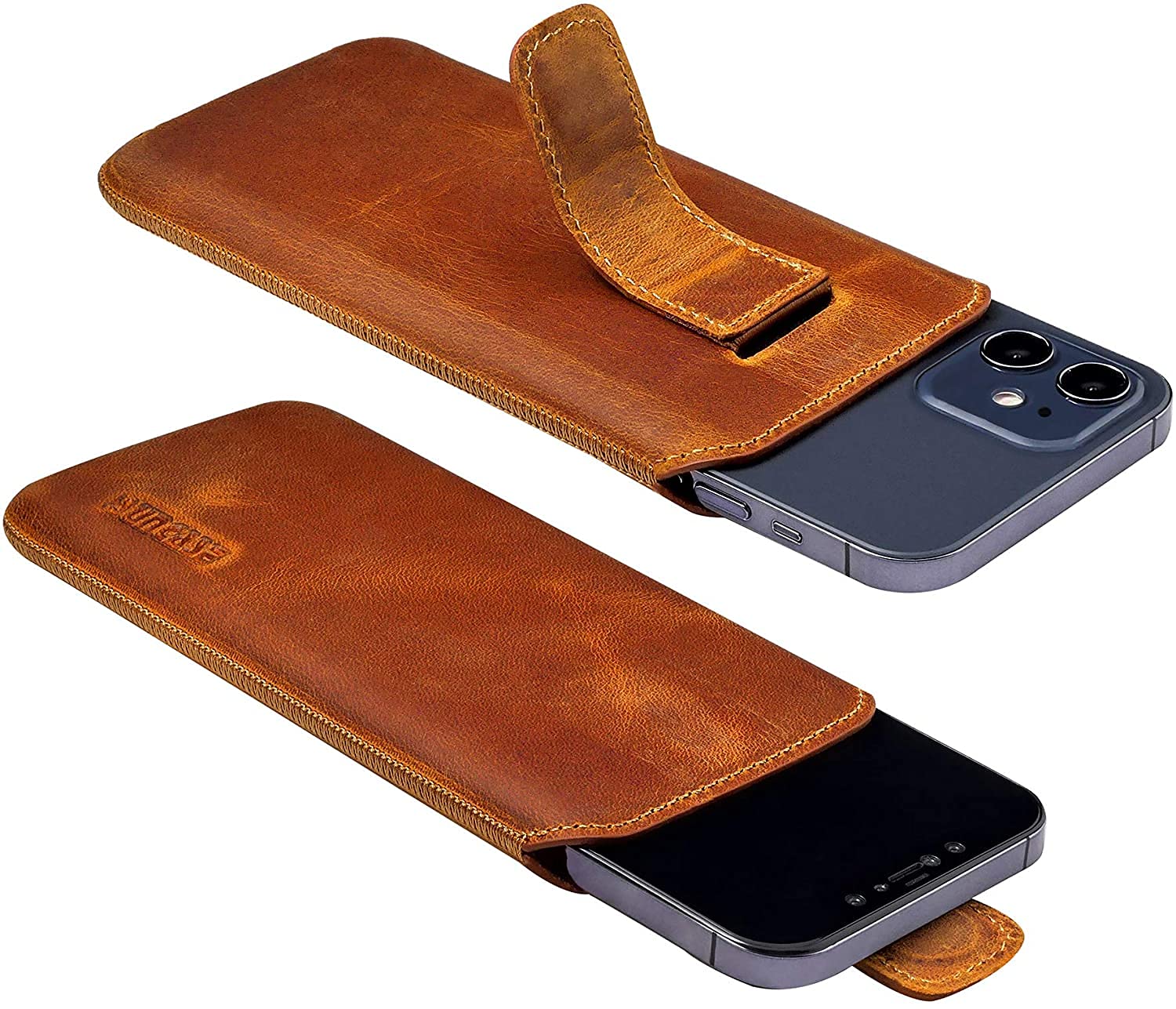 Suncase Slim-Edition Custodia In Vera Pelle Per IPhone 13 (6,1") - Marrone Rustico - Con Estrattore E Chiusura Magnetica