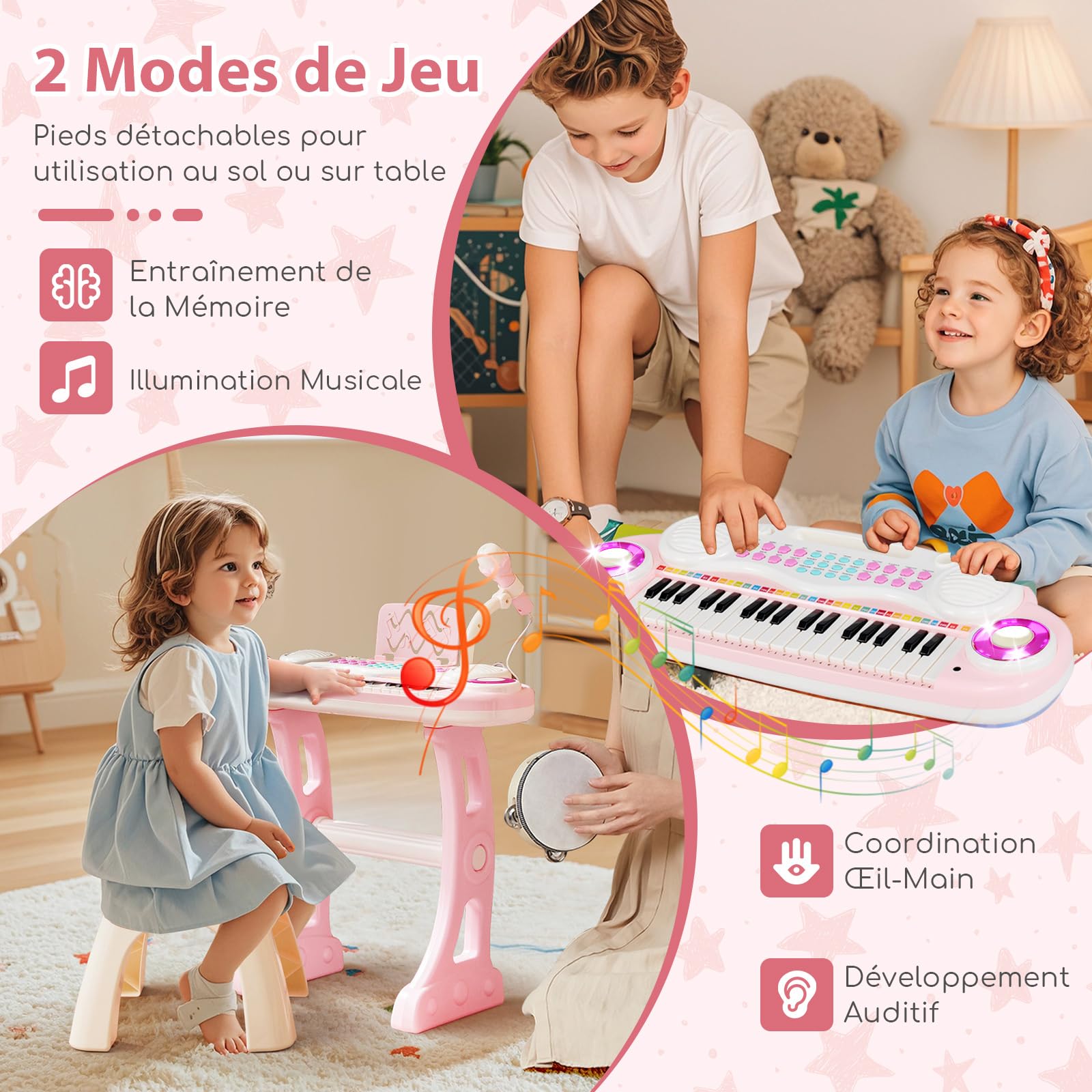COSTWAY Piano Numérique à 37 Touches Enfants avec Tabouret & Microphone Réglable, Clavier Electronique avec Haut-Parleurs & Lumière, Enregistrement et Lecture, Charge 100kg pour 18 Mois+