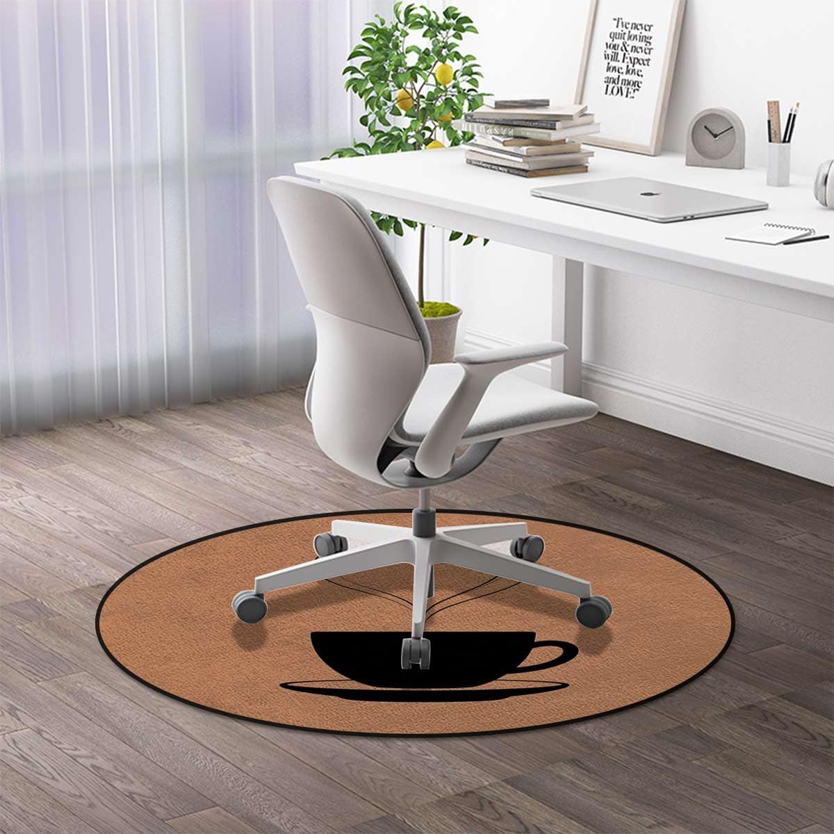 Romantic Round Office Chair Mat for Tile Floors, CoffeeCup Silhouette Love Anti-Slip & Wear-Resistant Multi-Purpose Mat for Rolling Chairs & Computer Desks, Brown Black Diameter 39.4 in