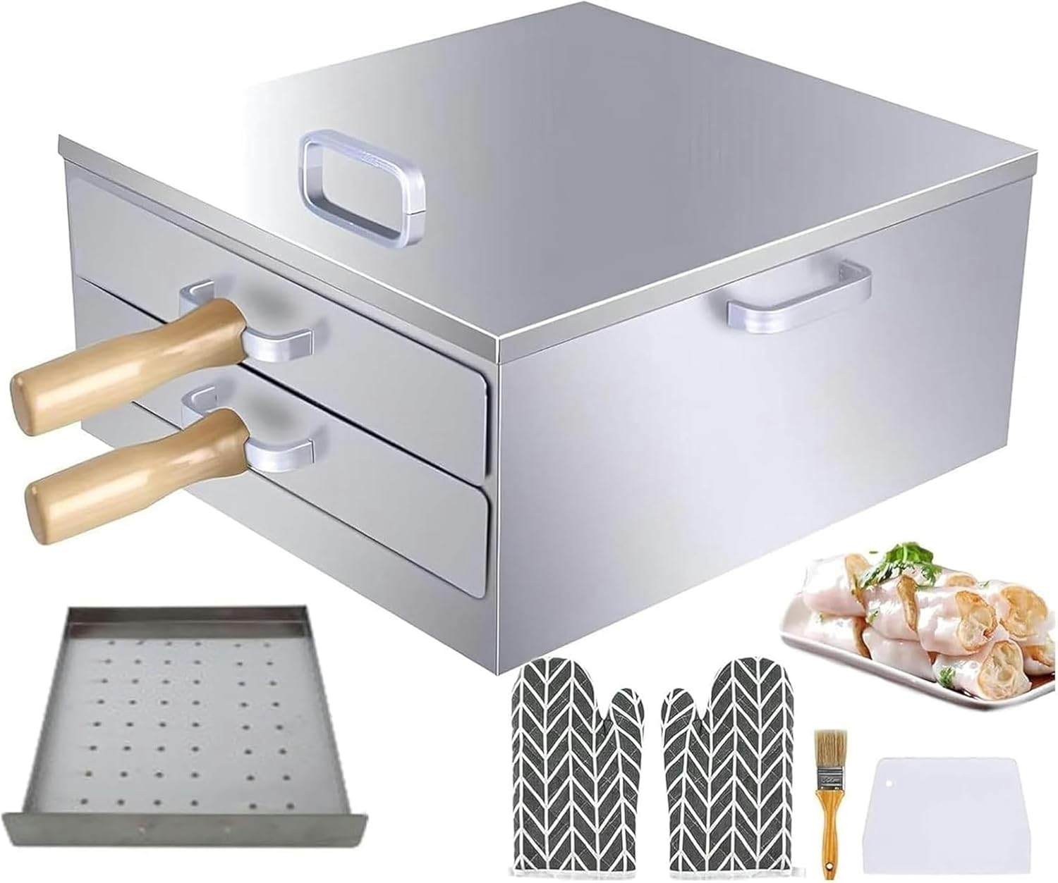 Rice Noodle Rolls Machine, Rice Roll Steamer, with Long Wooden Insulated Handle Steamer, for Cheung Fun Changfen Furnace Cooking Cuisine-