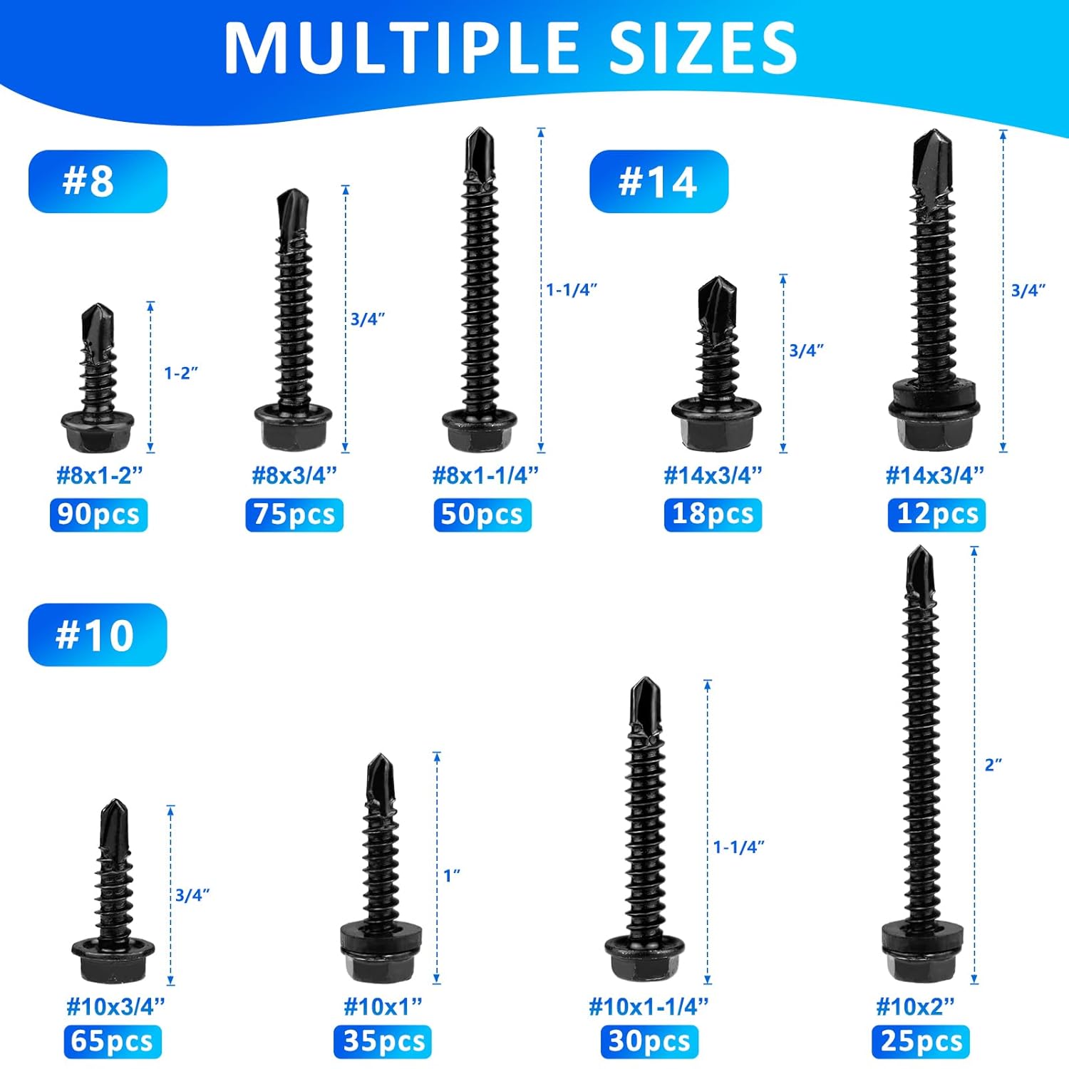 400PCS Black Self Tapping Screws for Metal, 410 Stainless Steel Sheet Metal Screws, #8#10#14 Hex Washer Head Self Tapping Screws for Metal Wood Plastic,1/2" to 1-1/2“