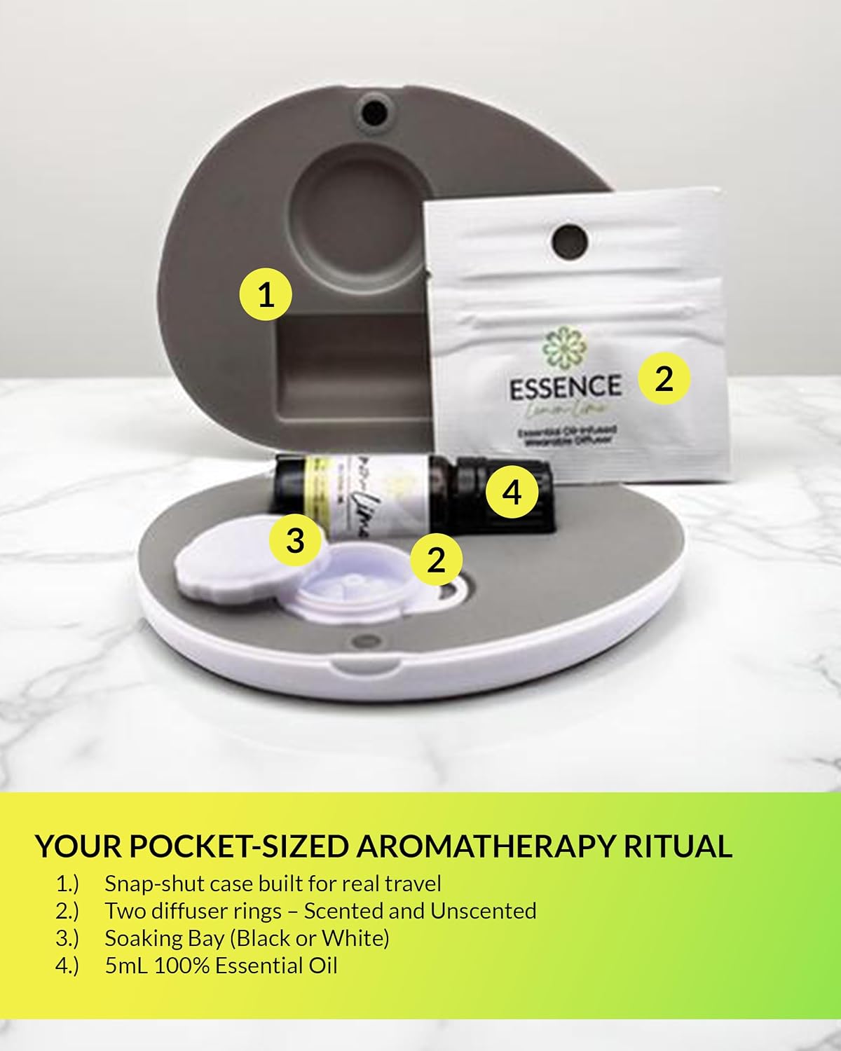 Essence Pearl Travel Case | Lemon-Lime Essential Oil | Aromatherapy Nasal Diffuser & Essential Oil Carrying Case | Uplifting Citrus Blend | Travel-Friendly Kit | White Pod