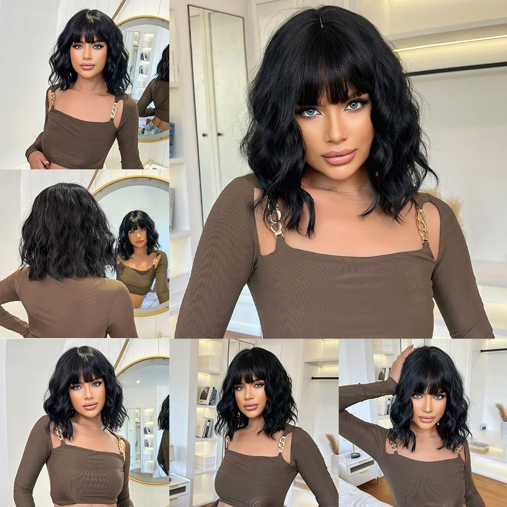 Breathable Black Bob Wigs Human Hair Wavy with Bangs Heat Resistant Shoulder Length for Women Natural Look Daily Party (Natural Black)