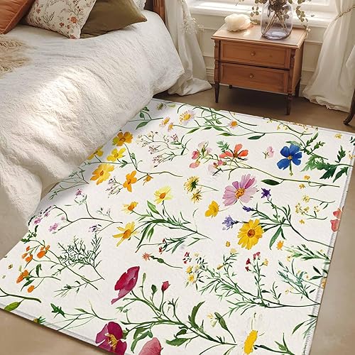 3x5 Area Rugs, Retro Floral Non-Skid Rubber Backing Large Rectangle Rugs - Living Room Bedroom Home Office, Spring Summer Rustic Botanical