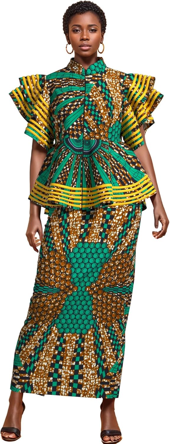 African print dress set with zipper top and skirt