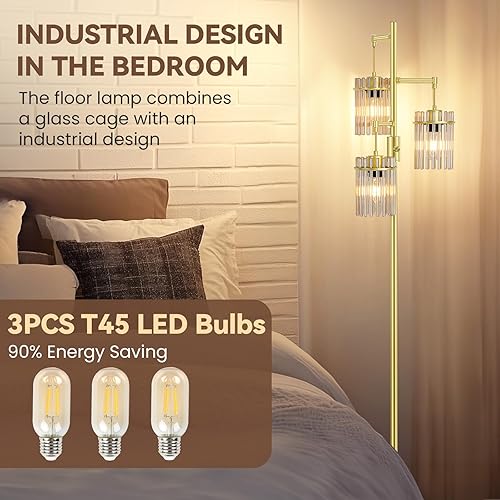 Miniatura 3 de Lámparas de pie industriales modernas para sala de estar, lámparas altas de cristal regulables con 3 elegantes cabezales de jaula de lágrima y